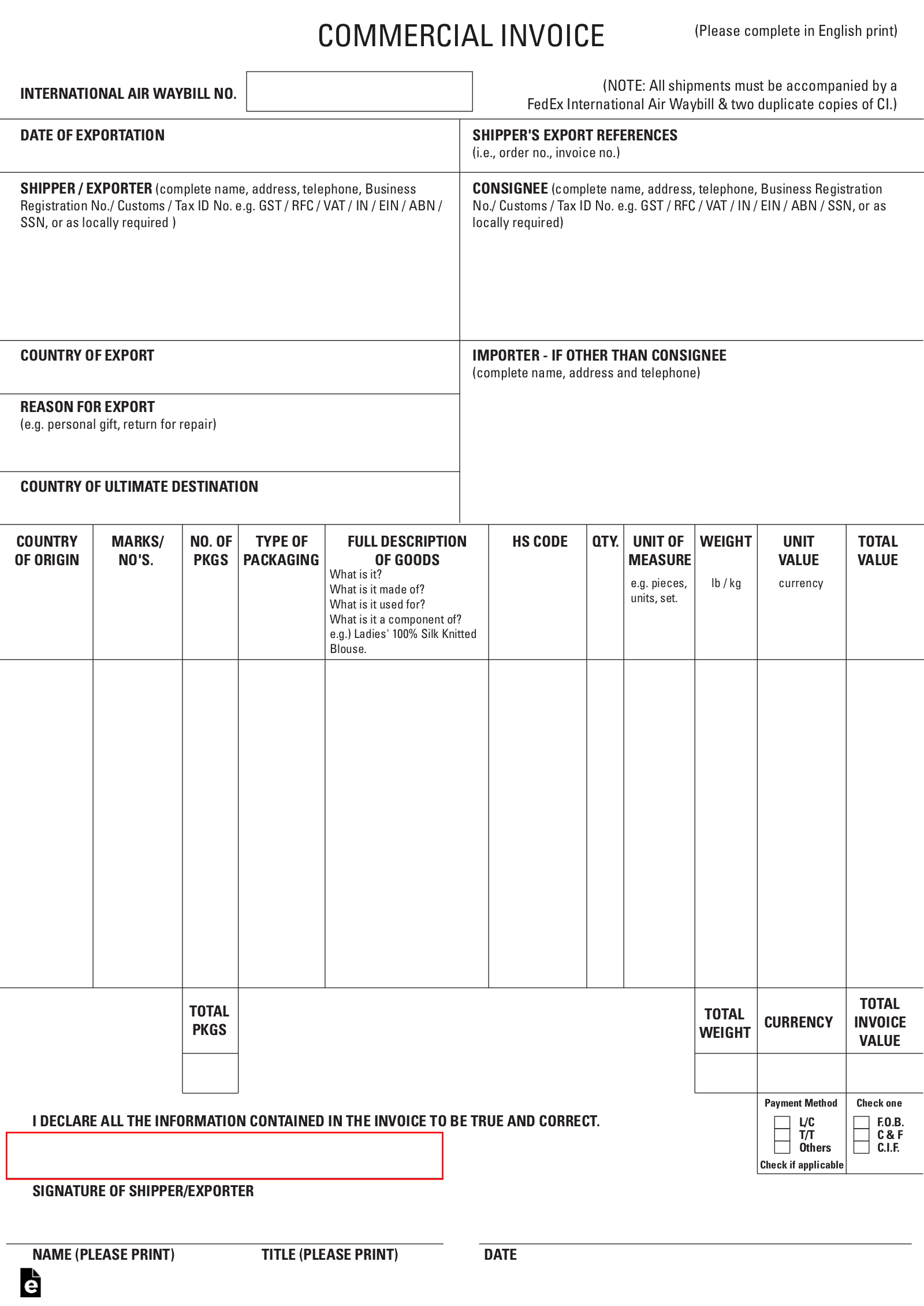 sample international shipping commercial invoice template