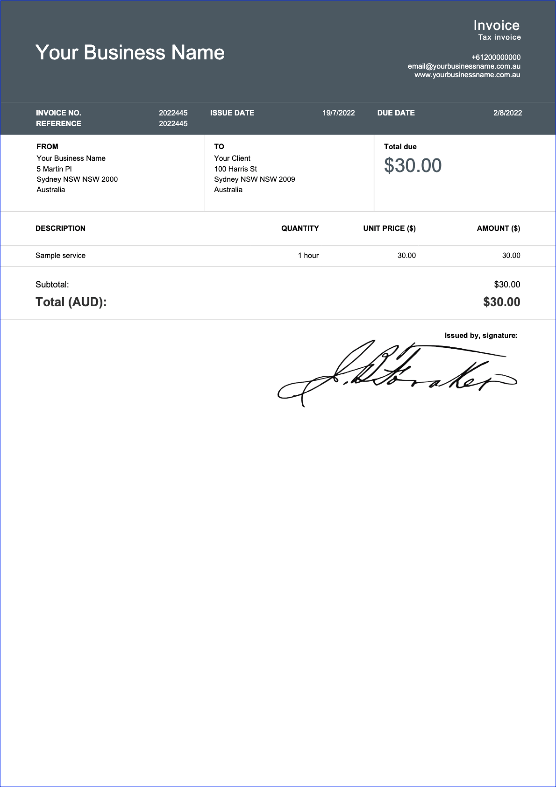 sample invoice with signature template