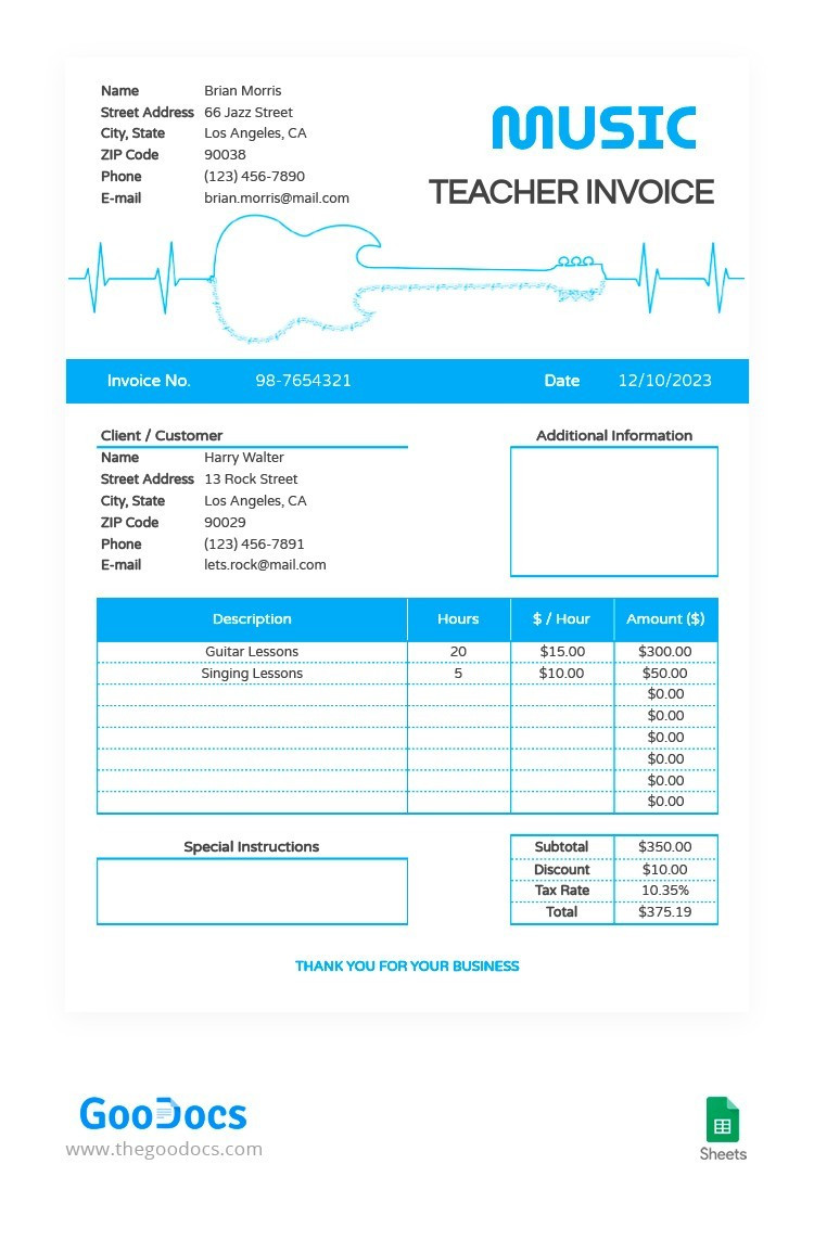 sample piano lesson invoice template