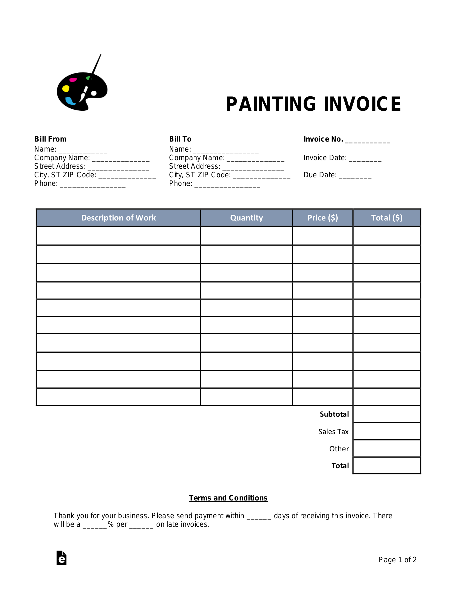 sample painting invoice template