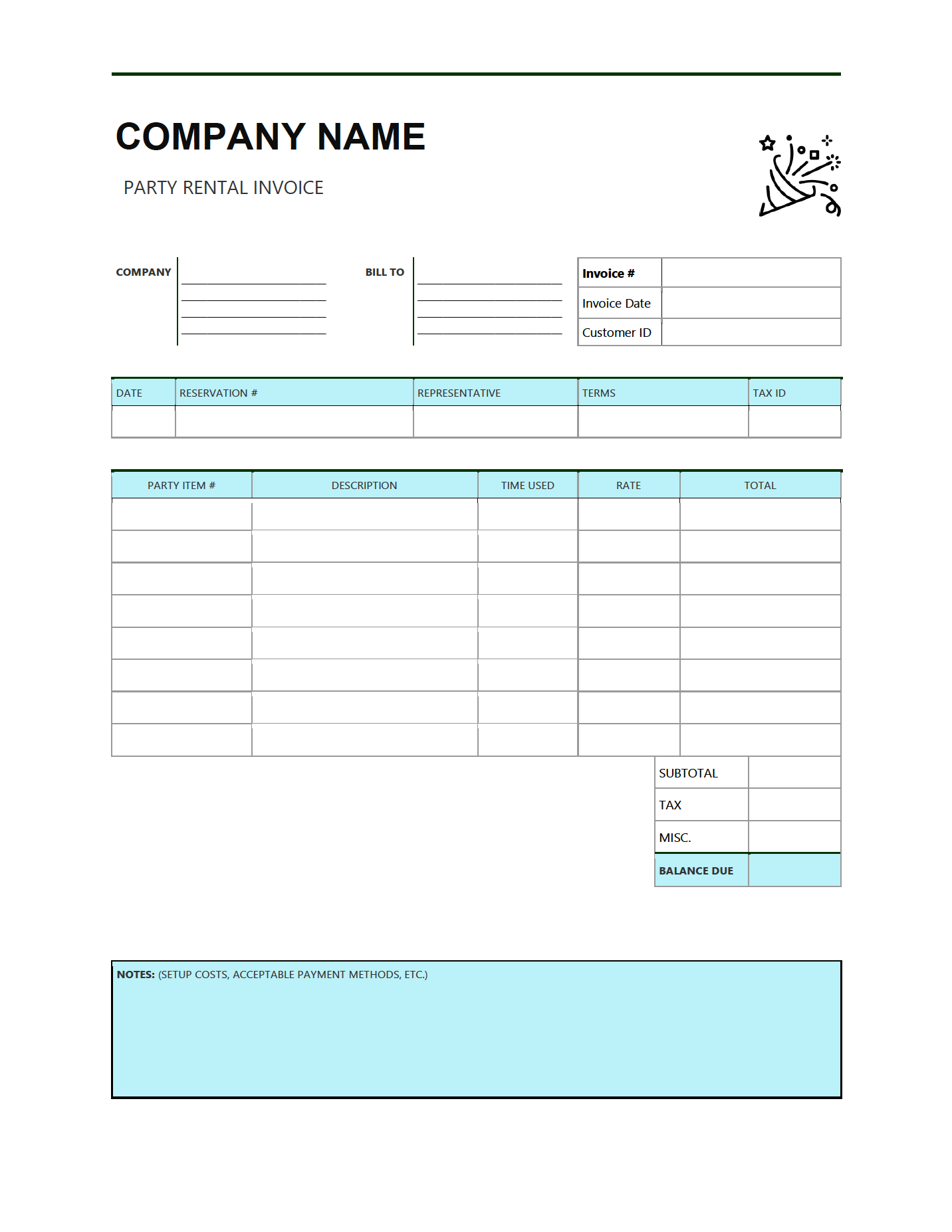 sample party rental invoice template