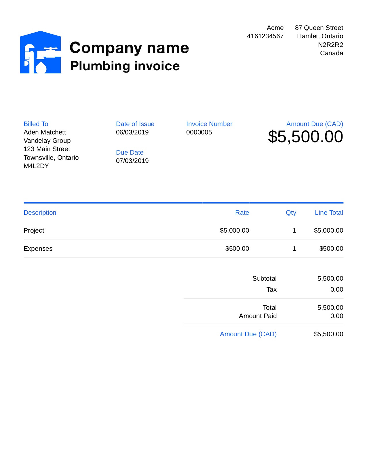 plumbing invoice template