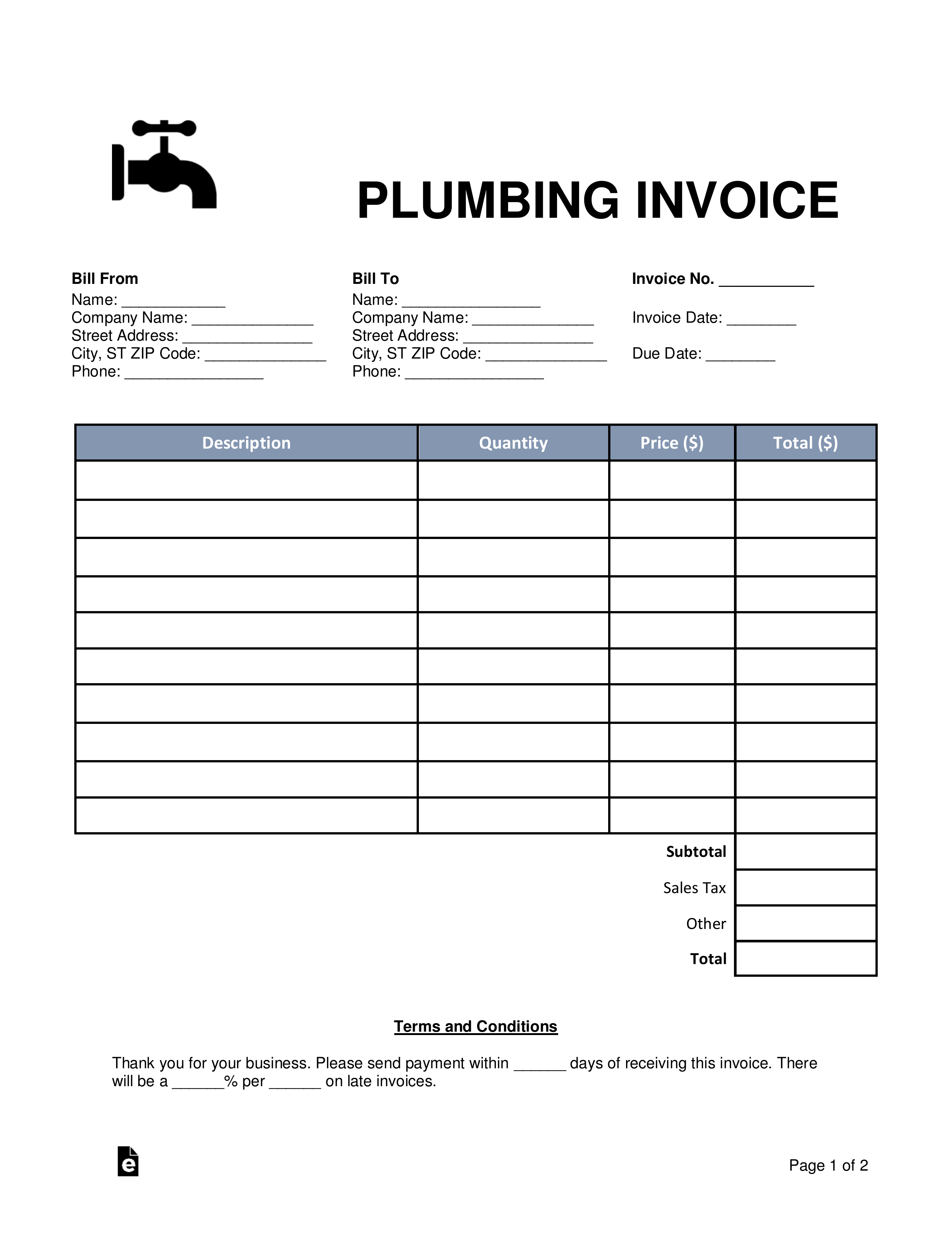 plumbing invoice template