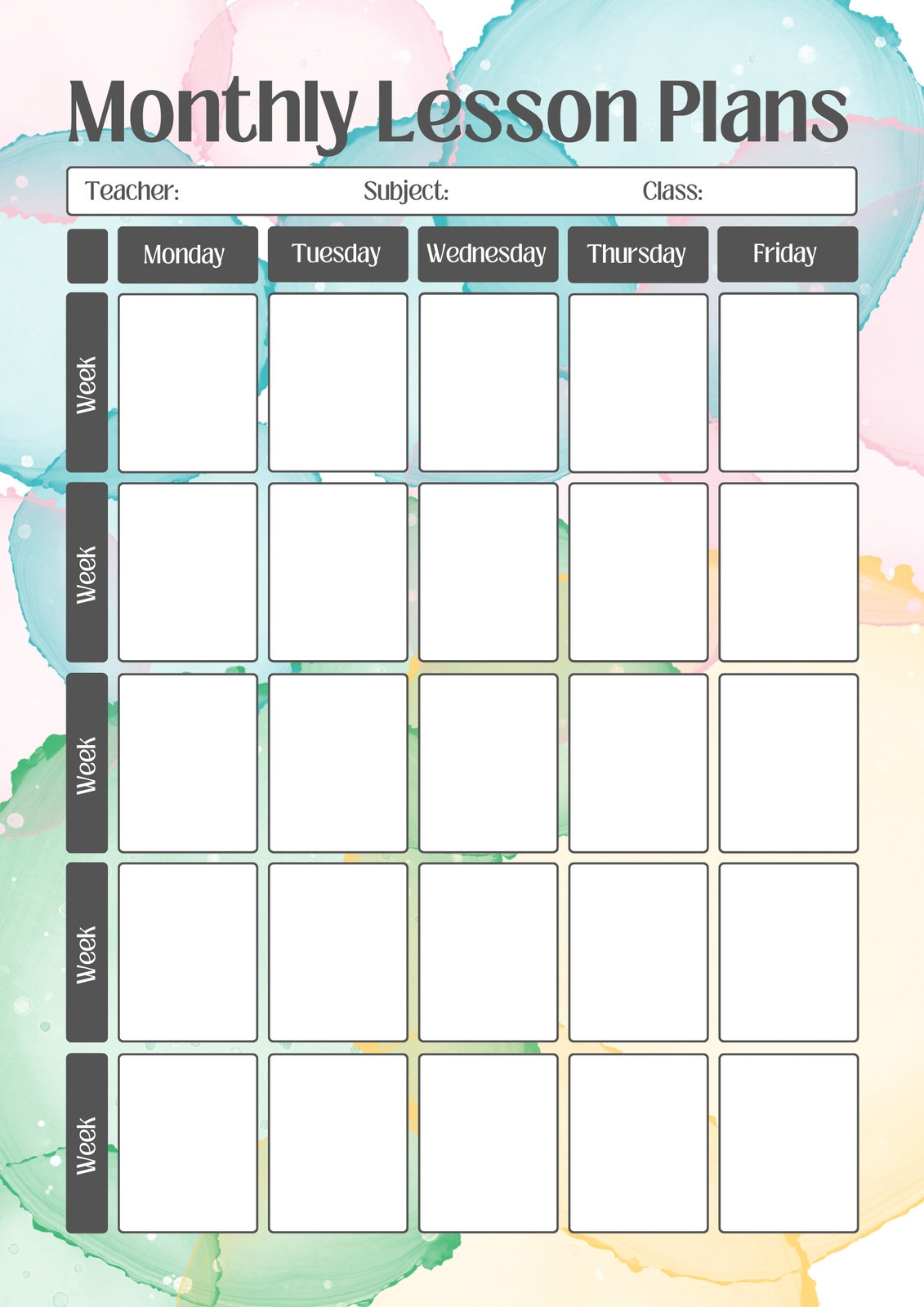 sample teaching weekly planning template