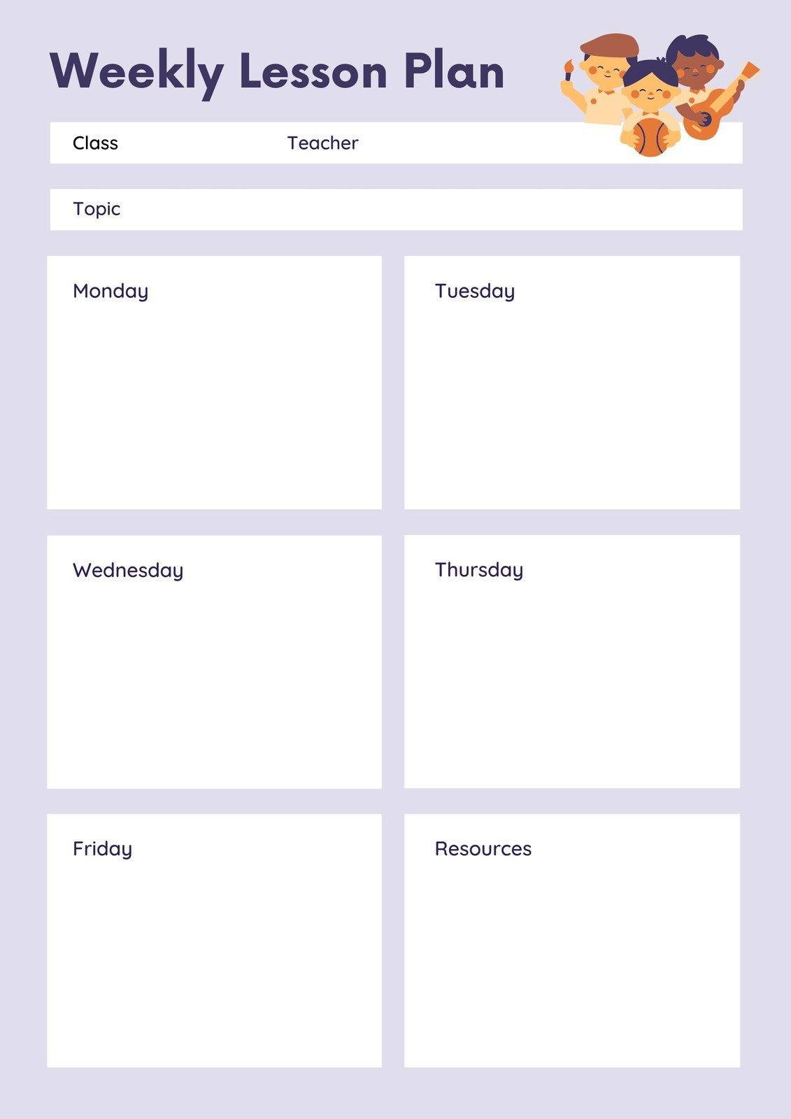 sample teaching weekly planning template