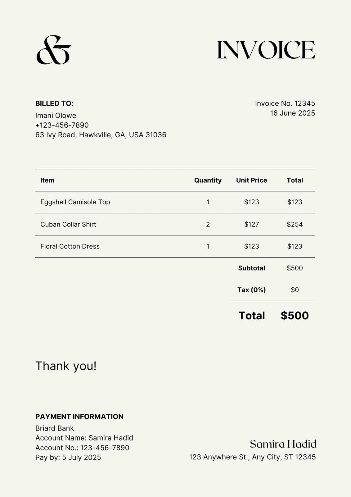 sample customized invoice template