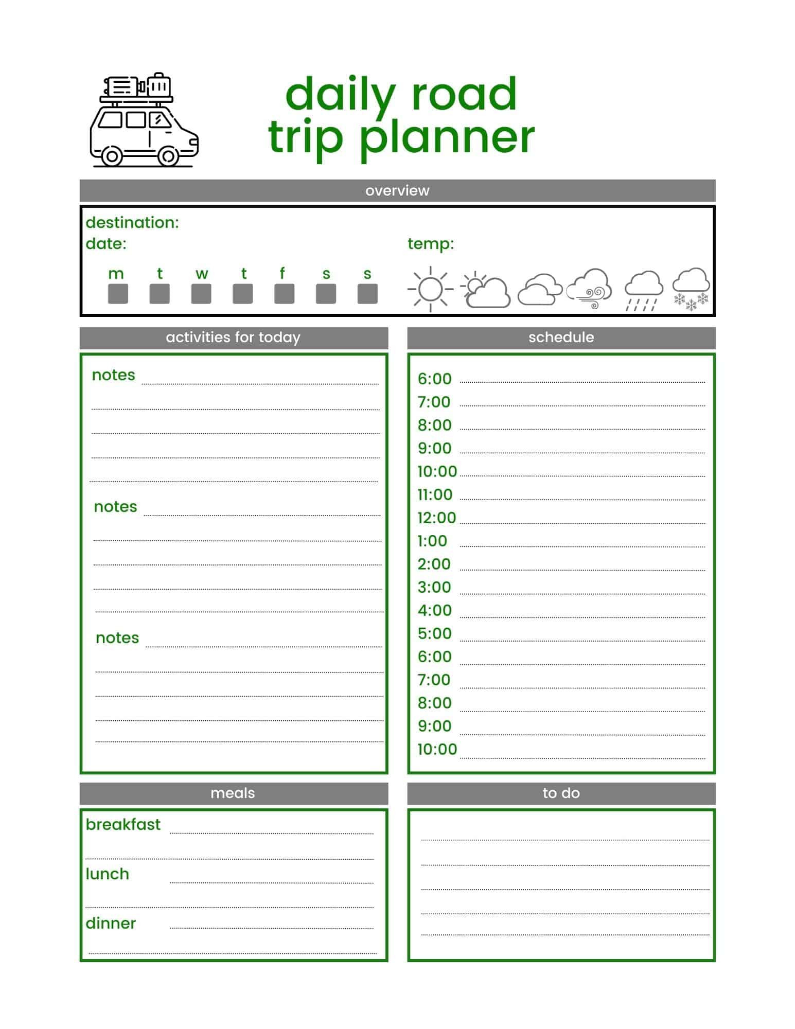 sample road trip planning template