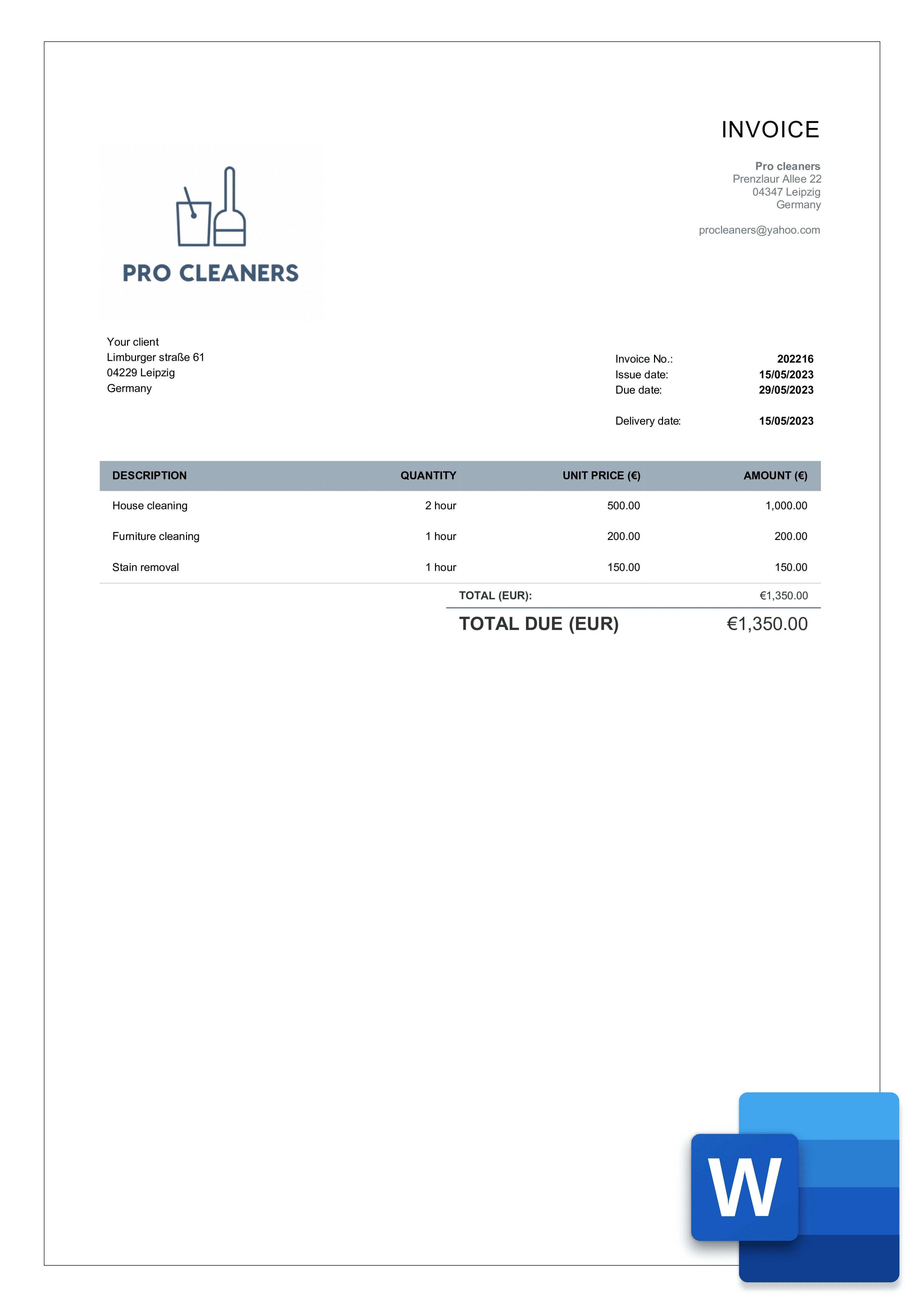 sample cleaning invoice template