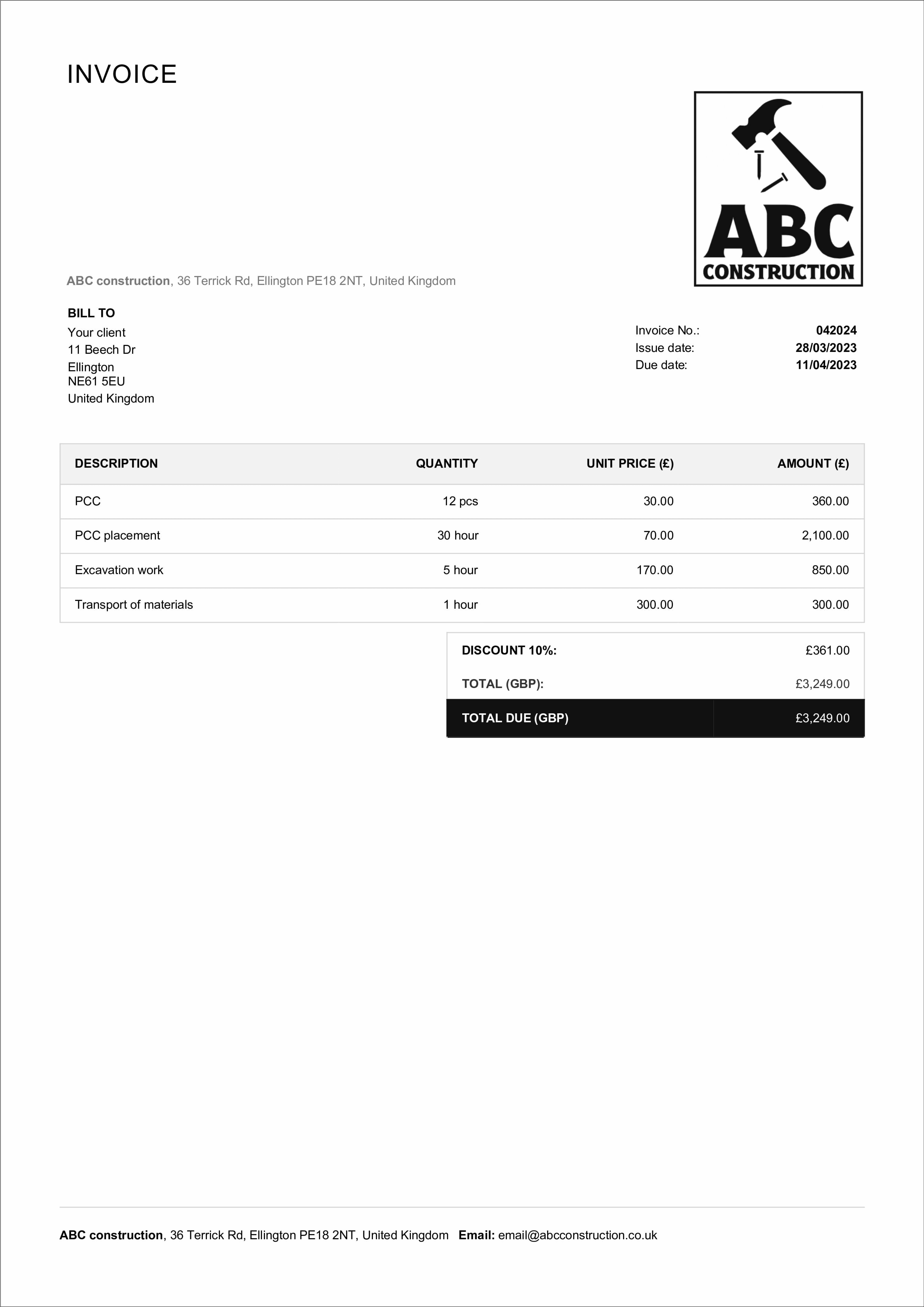 sample concrete invoice template