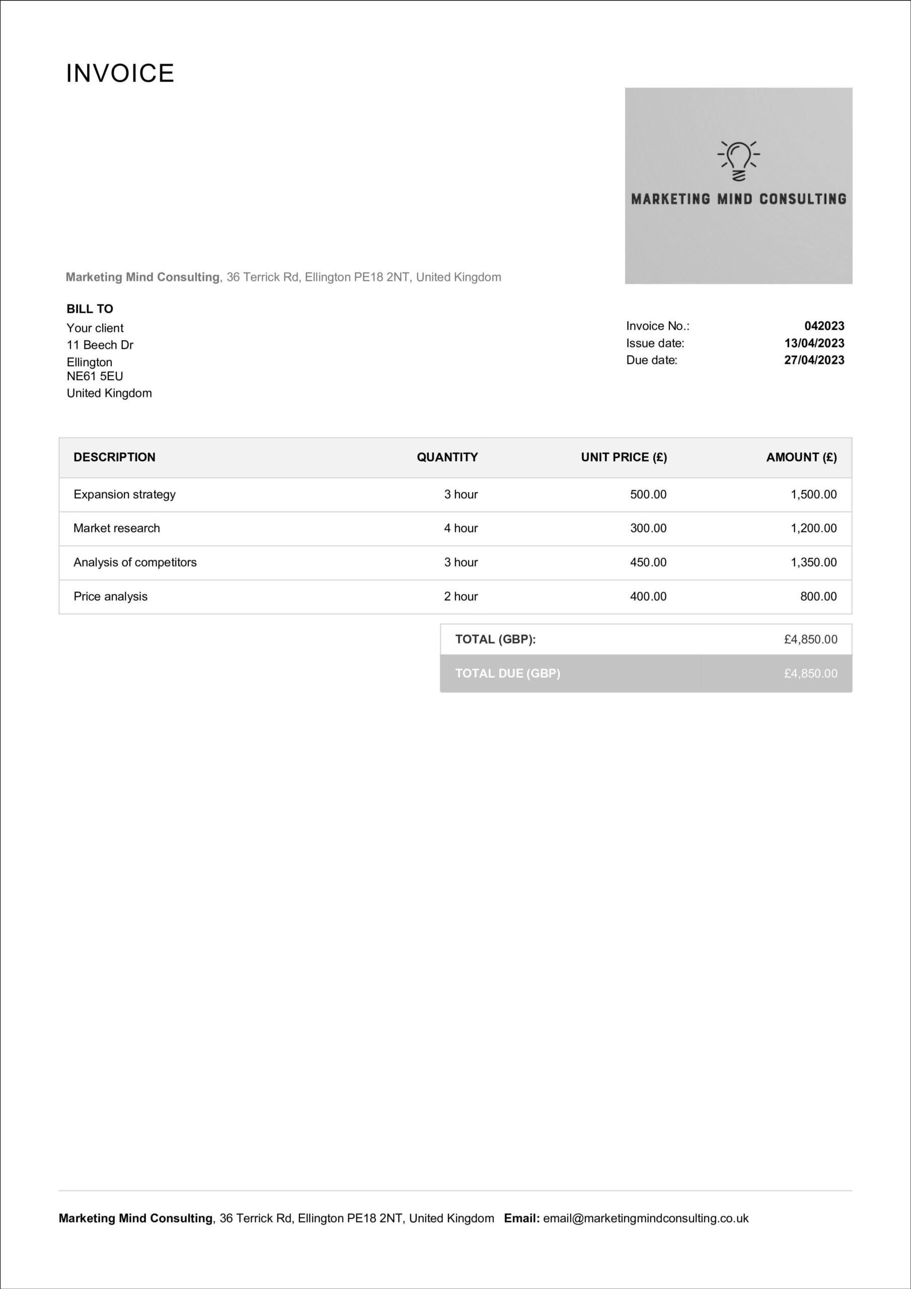 sample consulting invoice template