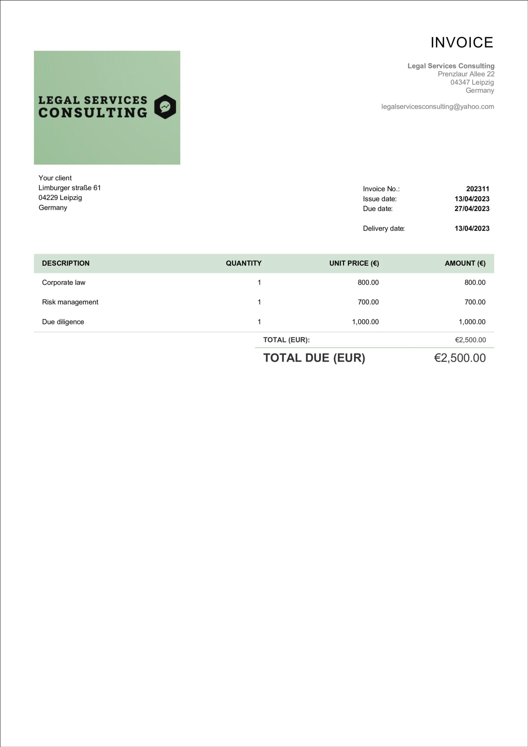 sample legal consulting invoice template