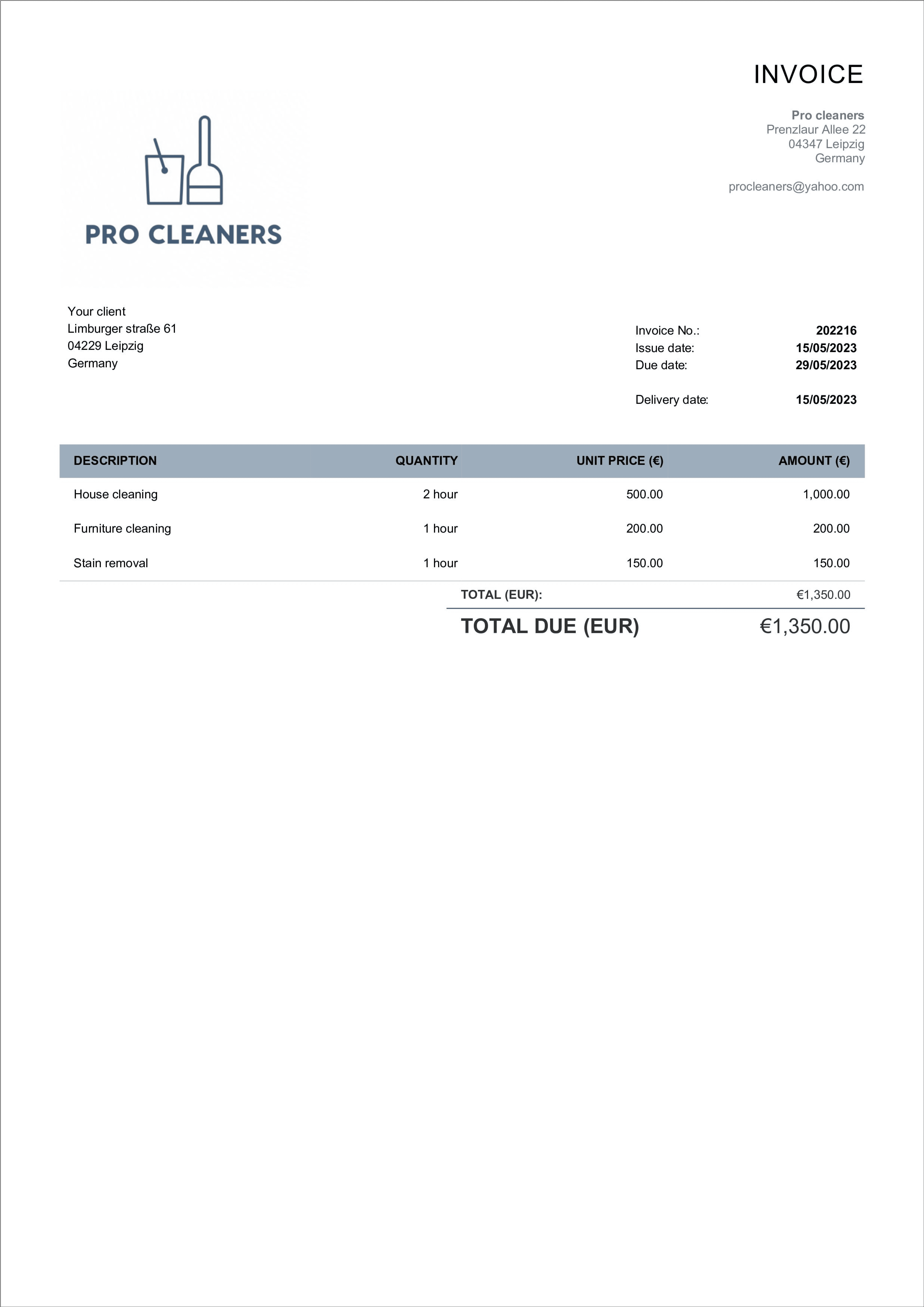 self employed cleaner invoice template