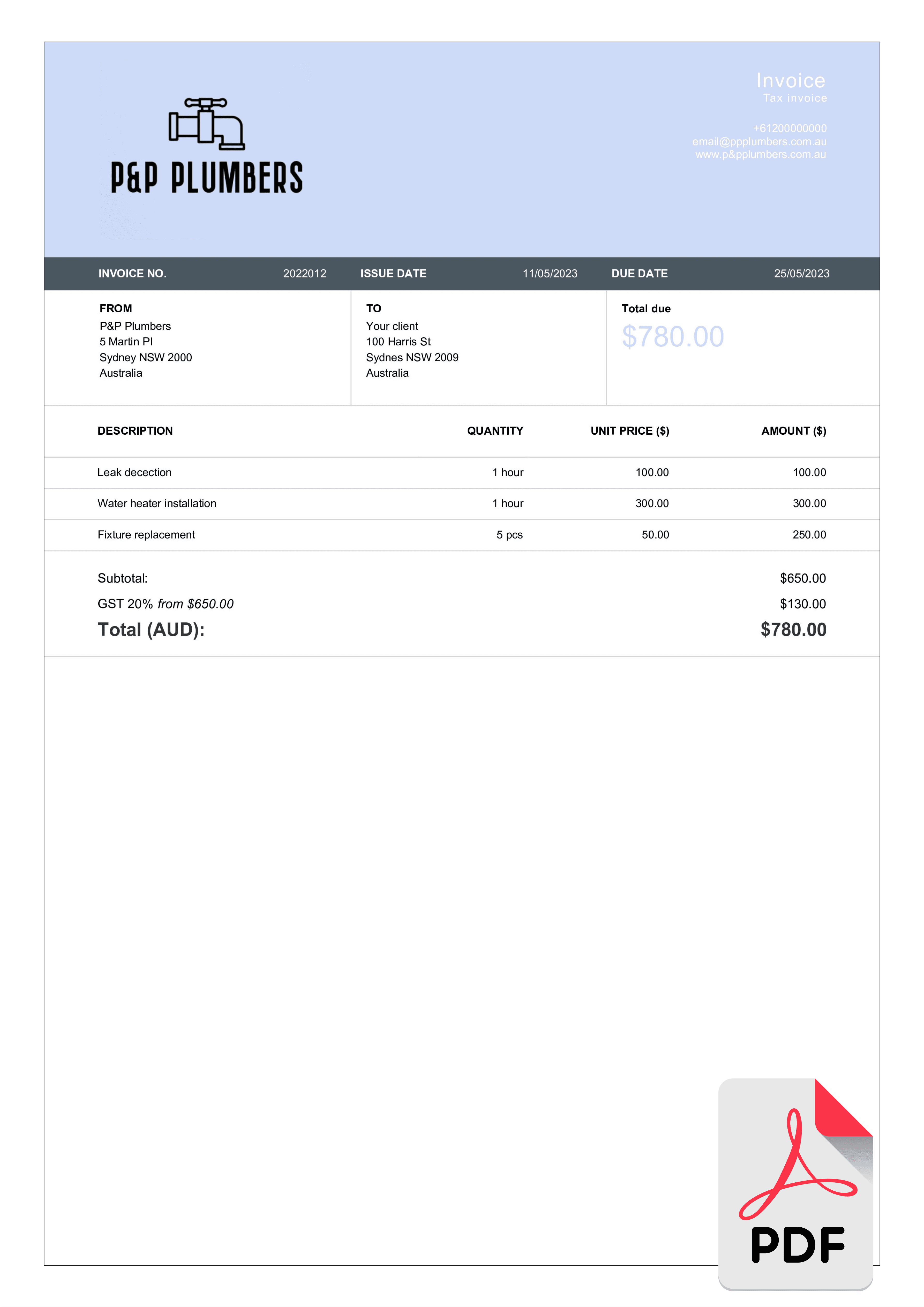 sample plumbers invoice template