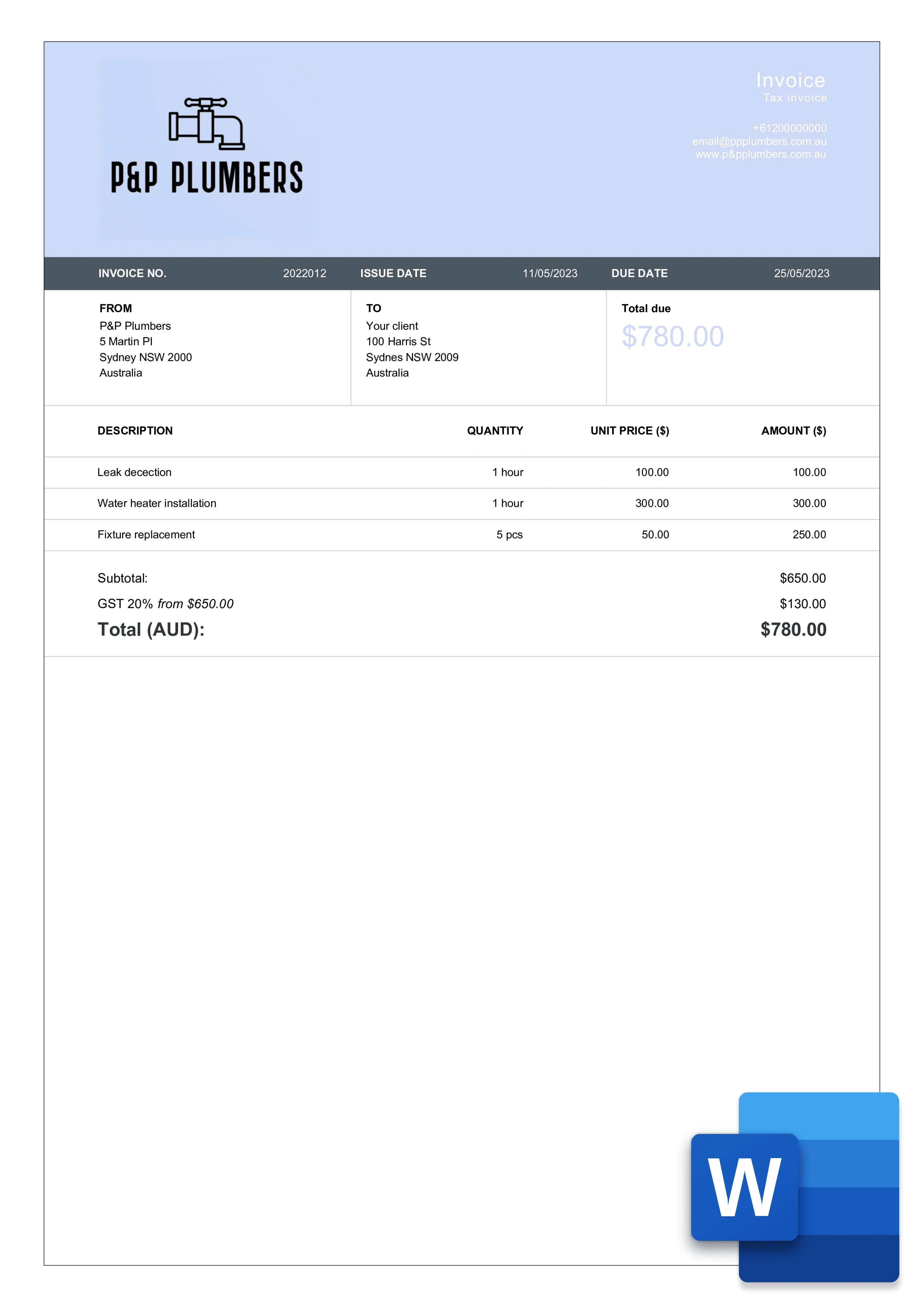 plumbing invoice template