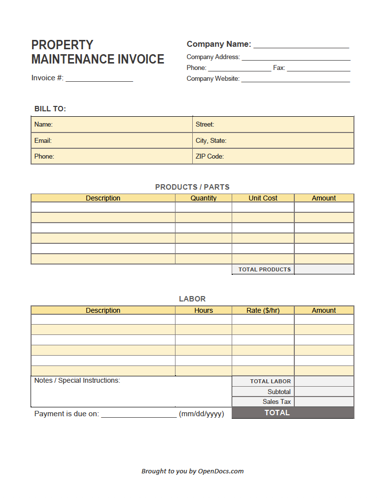 sample property maintenance invoice template