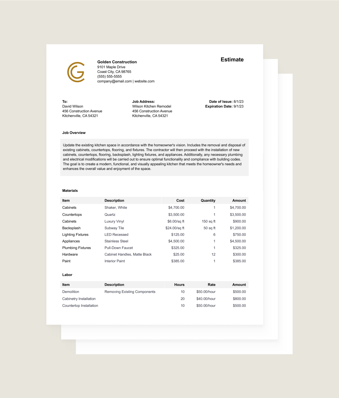 sample remodeling estimate template