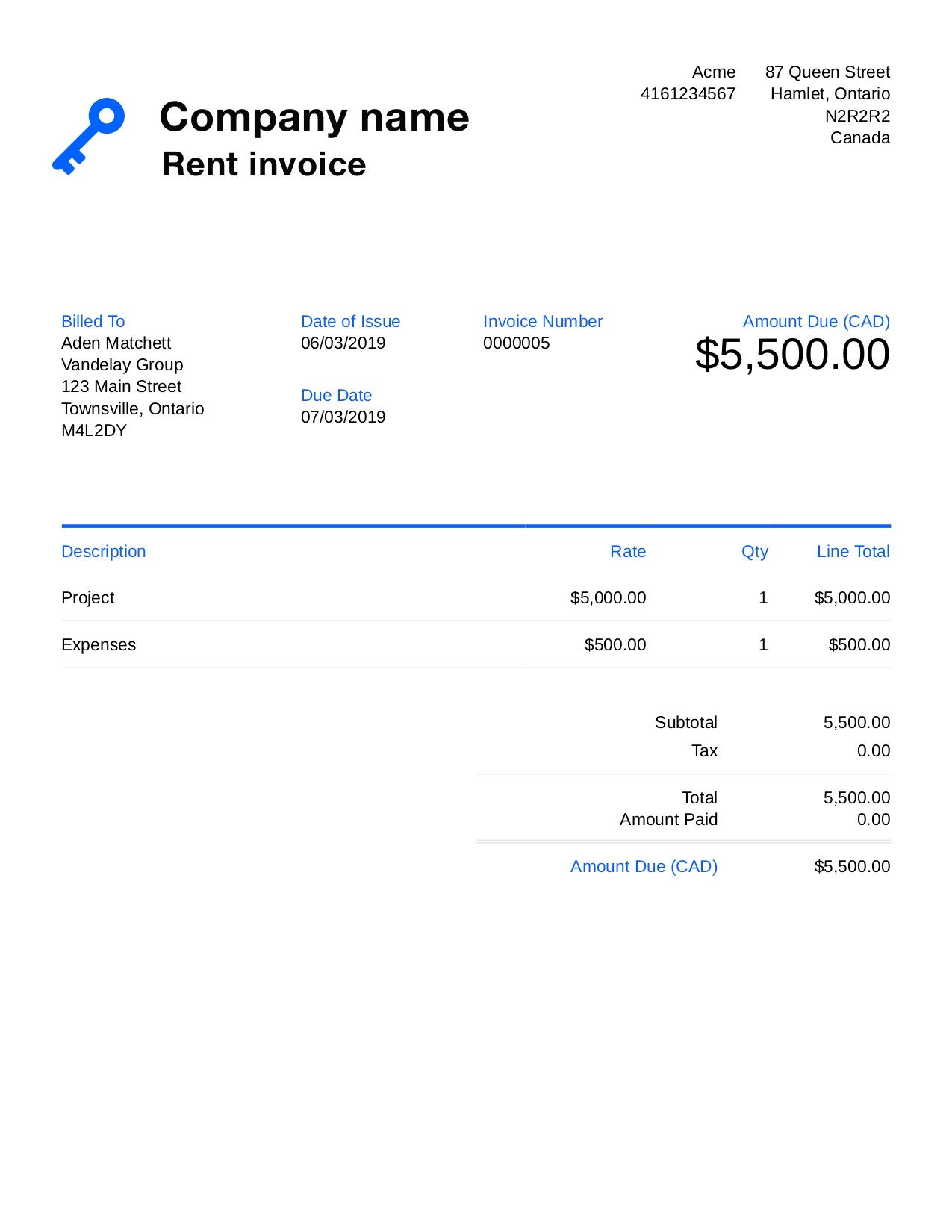 sample invoice for rent template