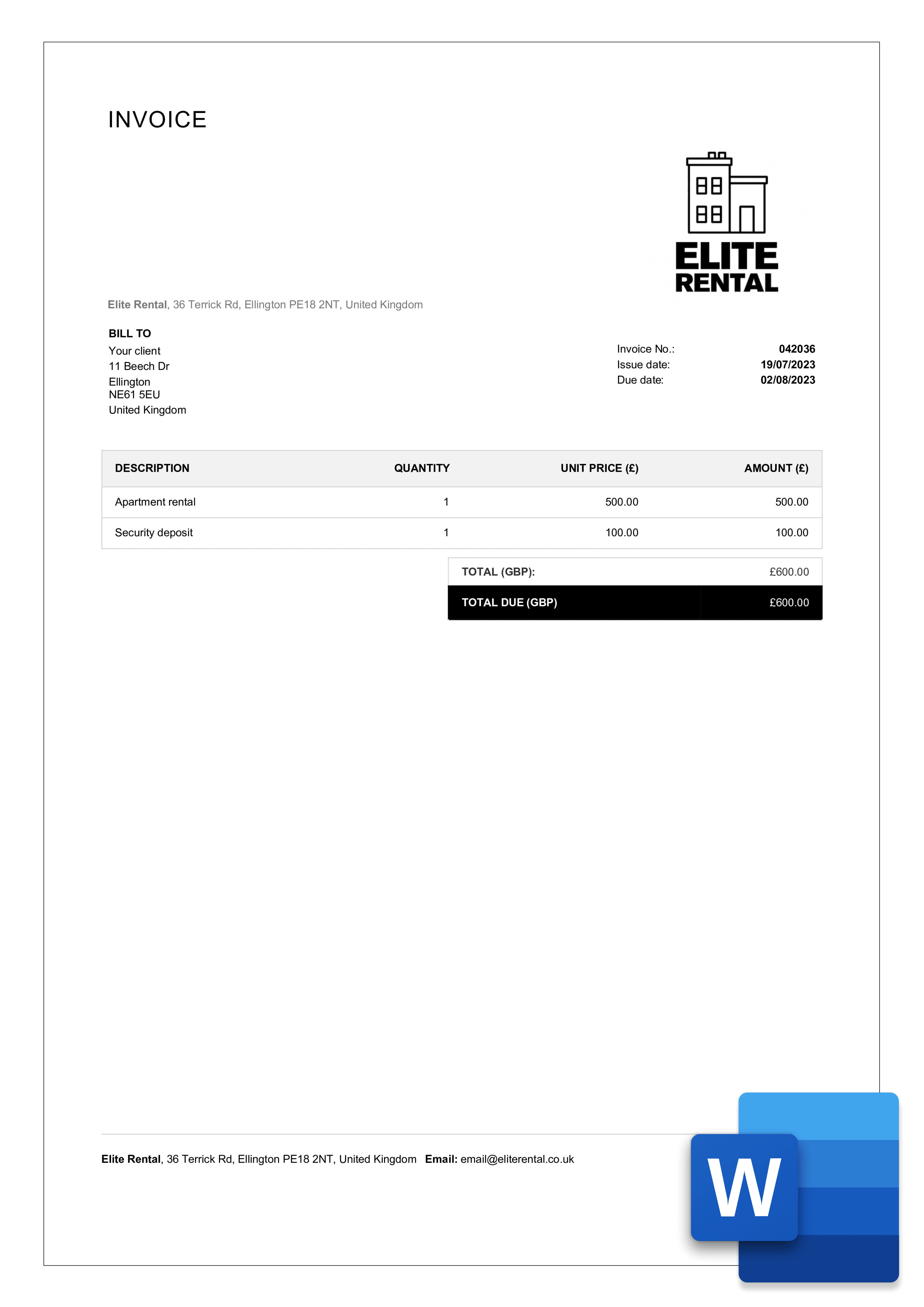 sample rental invoice template