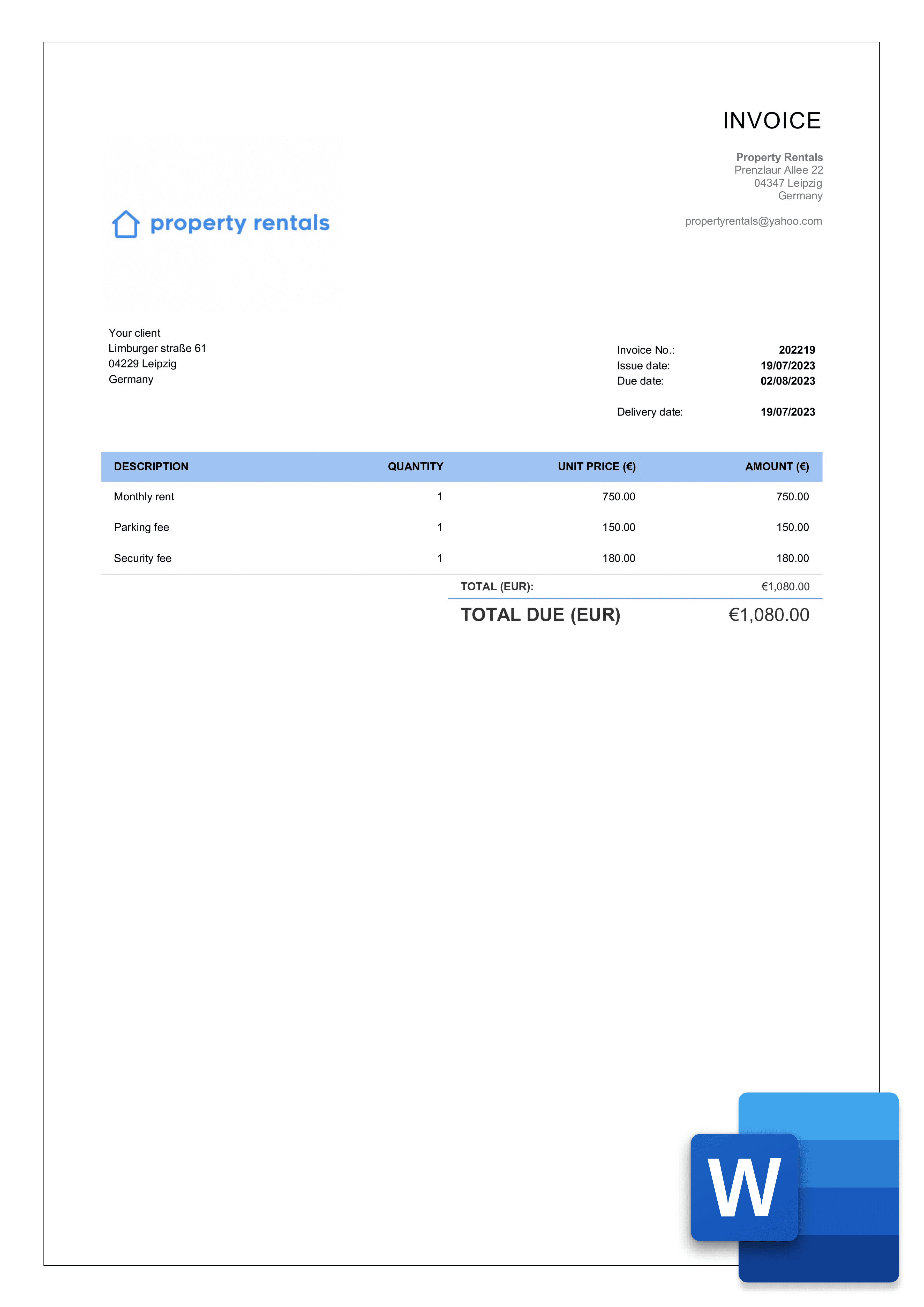 sample rental invoice template