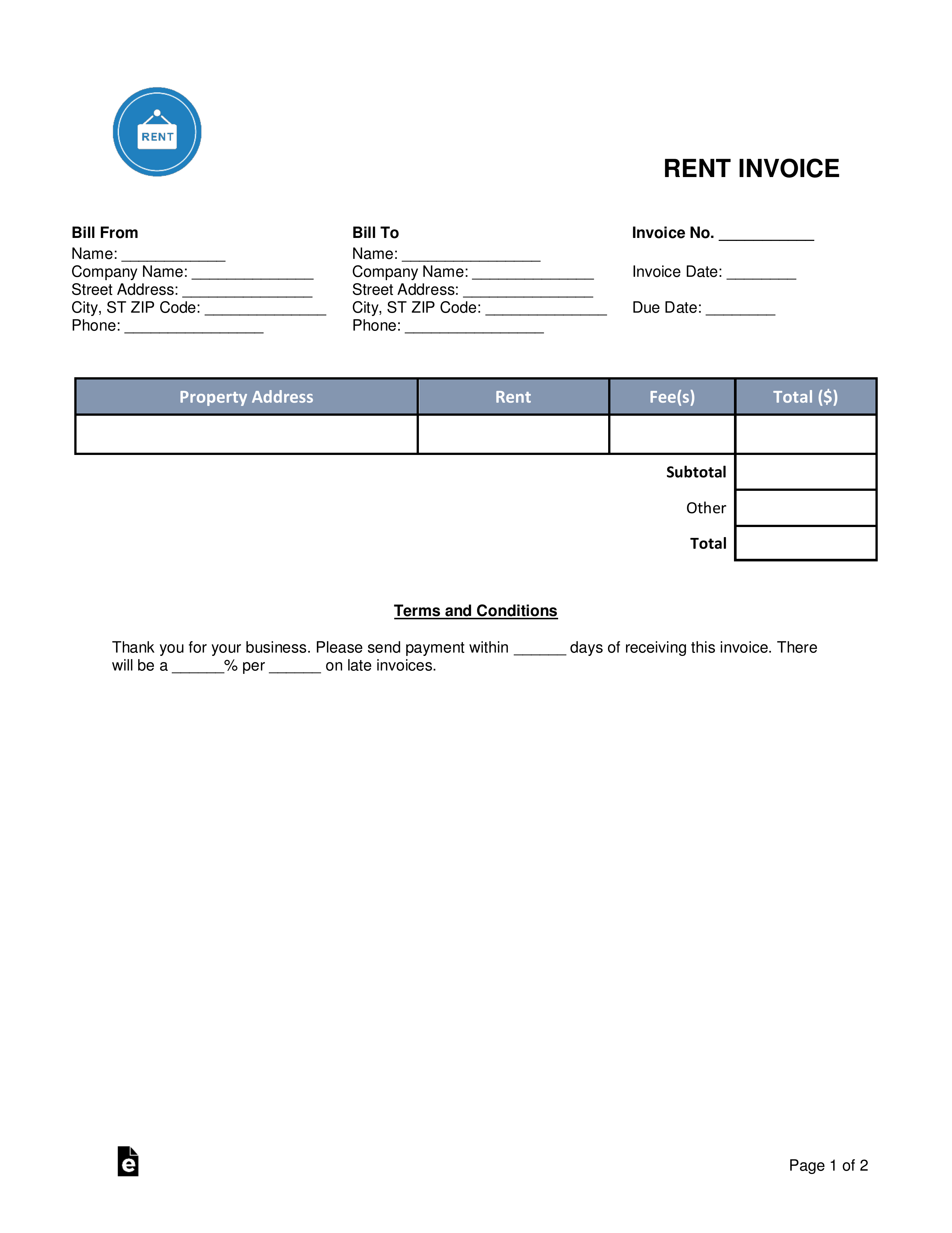 sample invoice for rent template