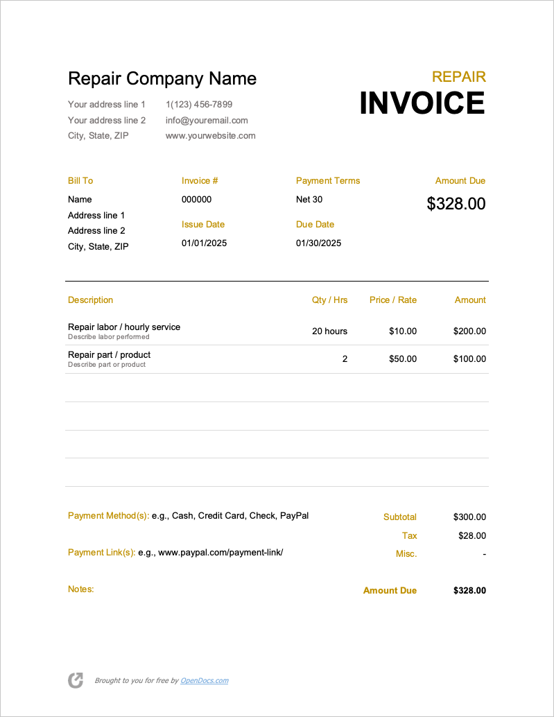 sample property maintenance invoice template