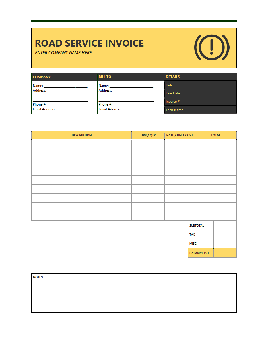 sample road service invoice template