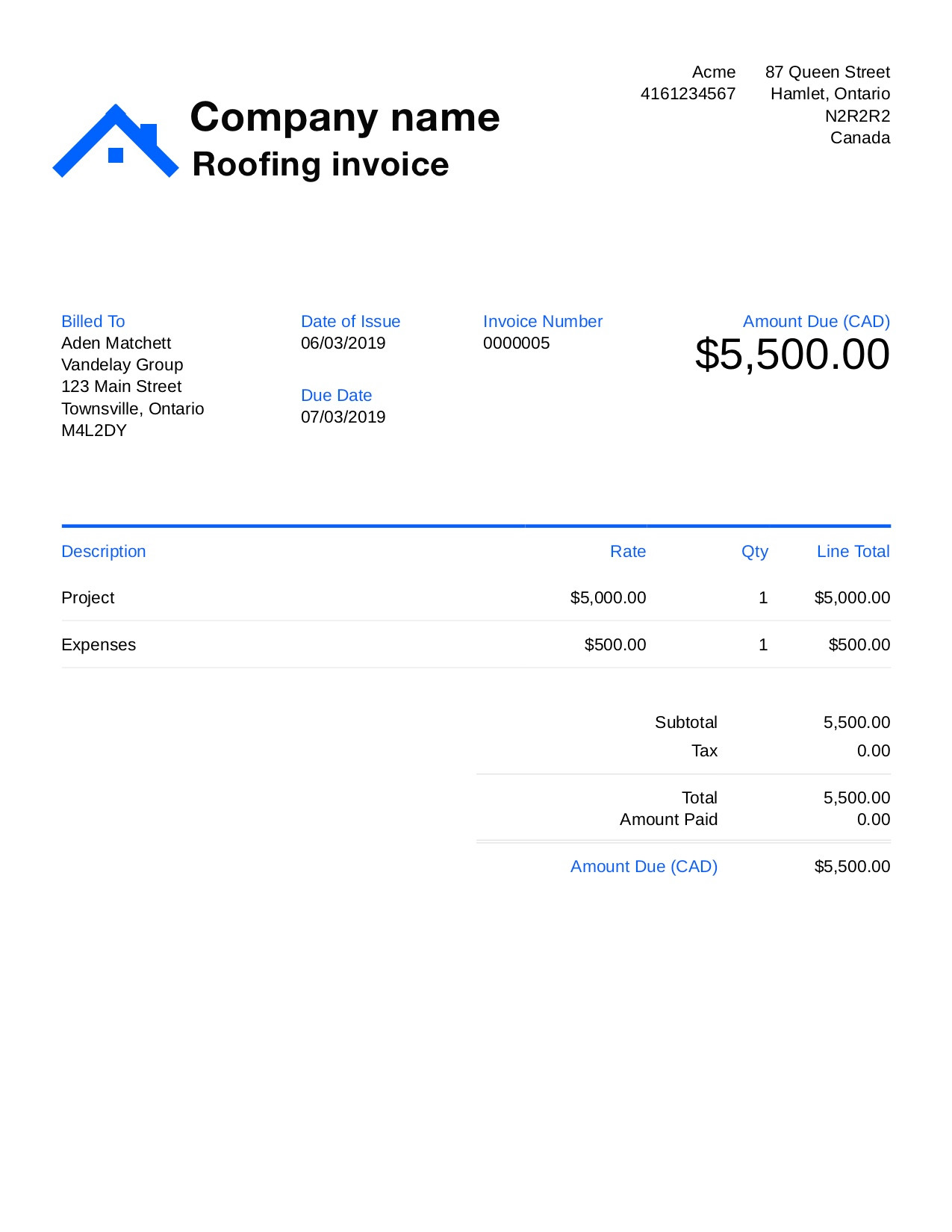 roofing invoice template