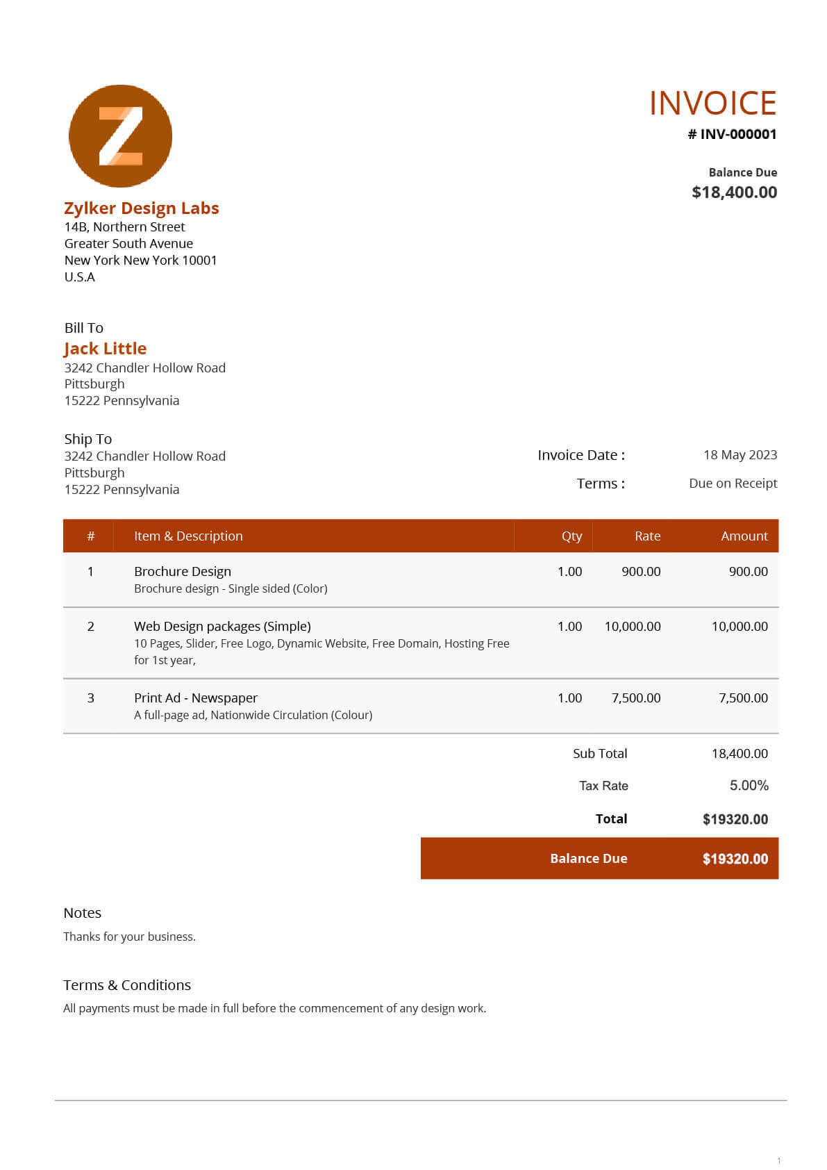 sample simple service invoice template