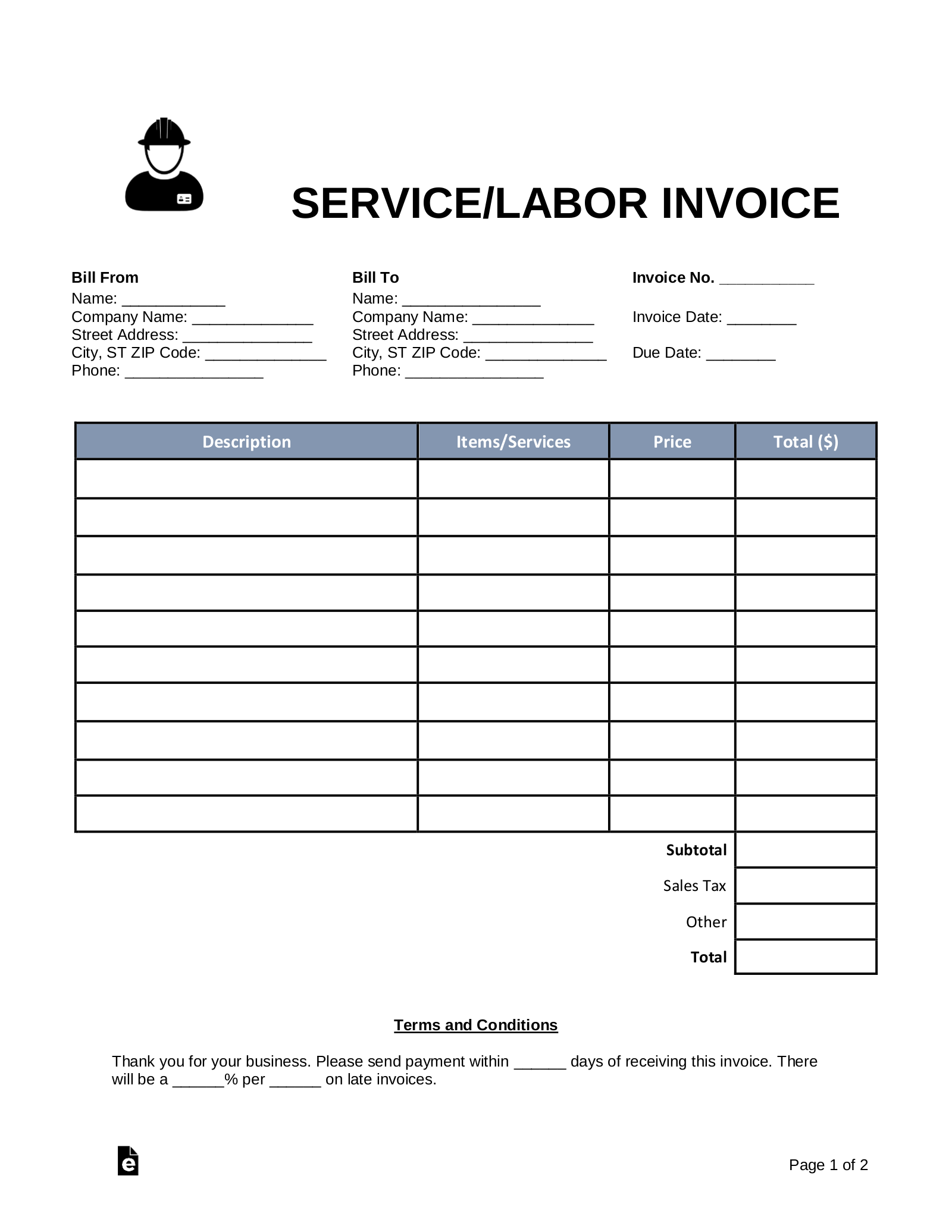 sample labor and materials invoice template