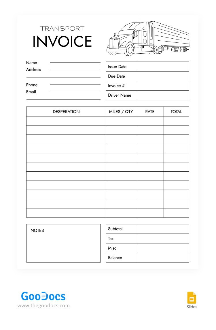 sample transport invoice template