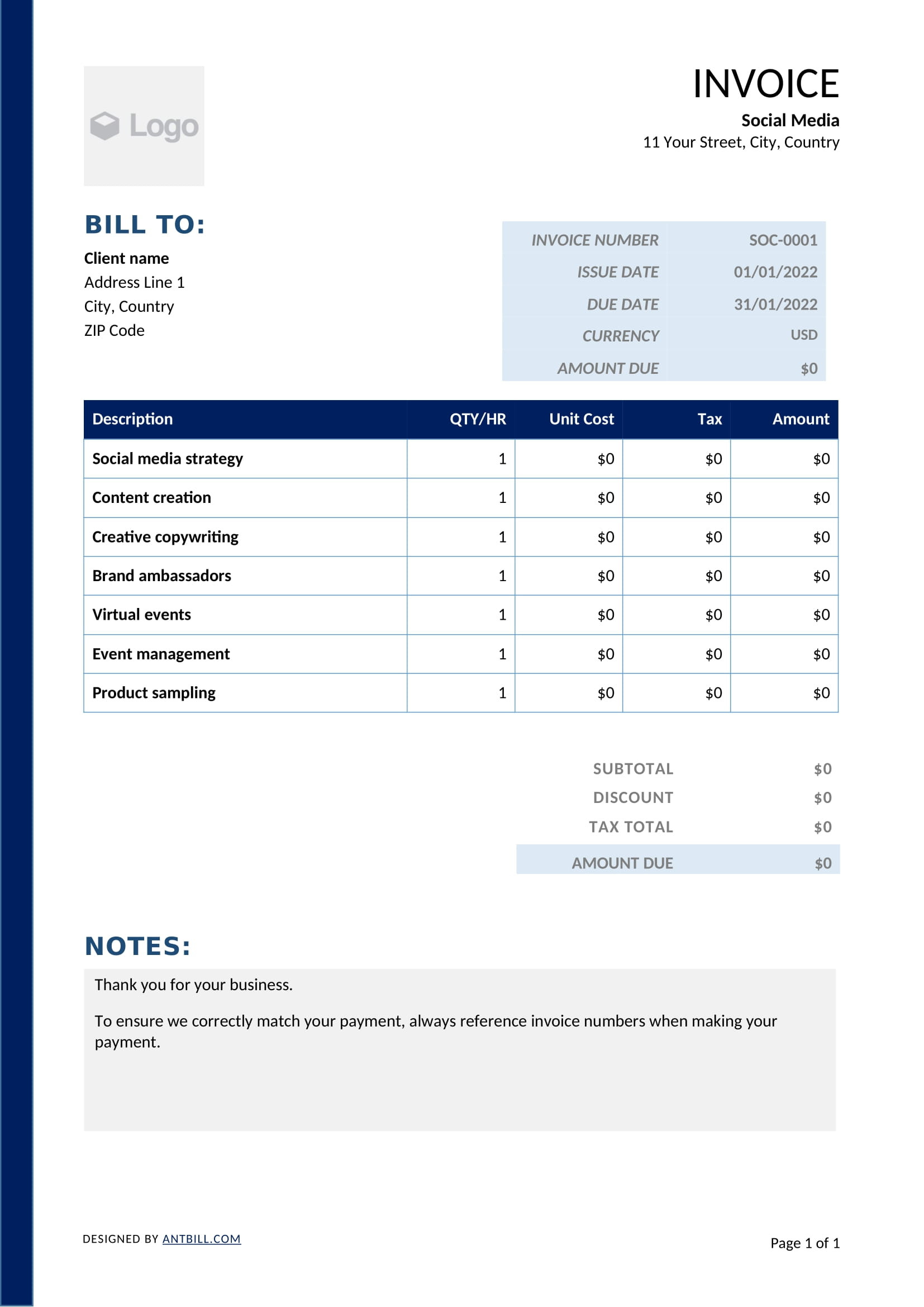 sample social media invoice template