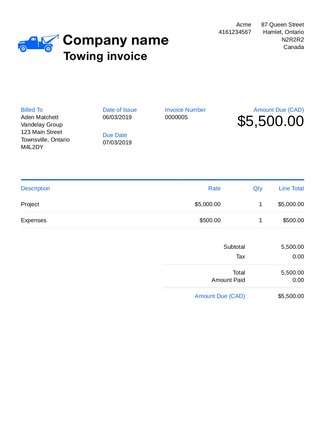 tow invoice template