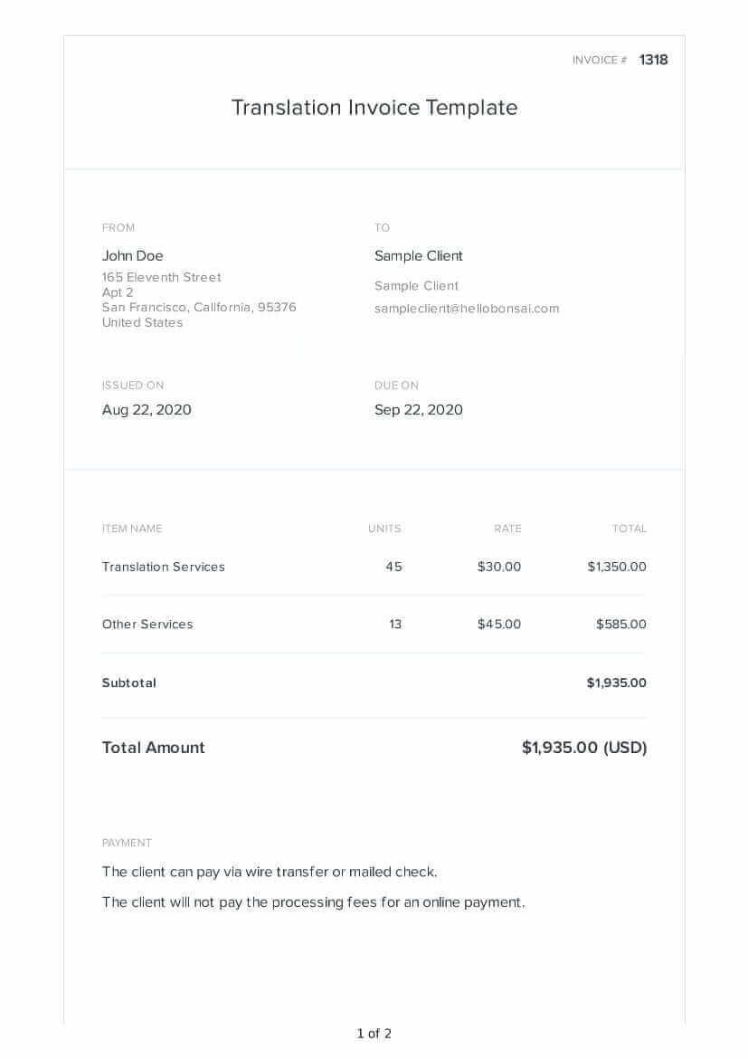 sample invoice for translation services template