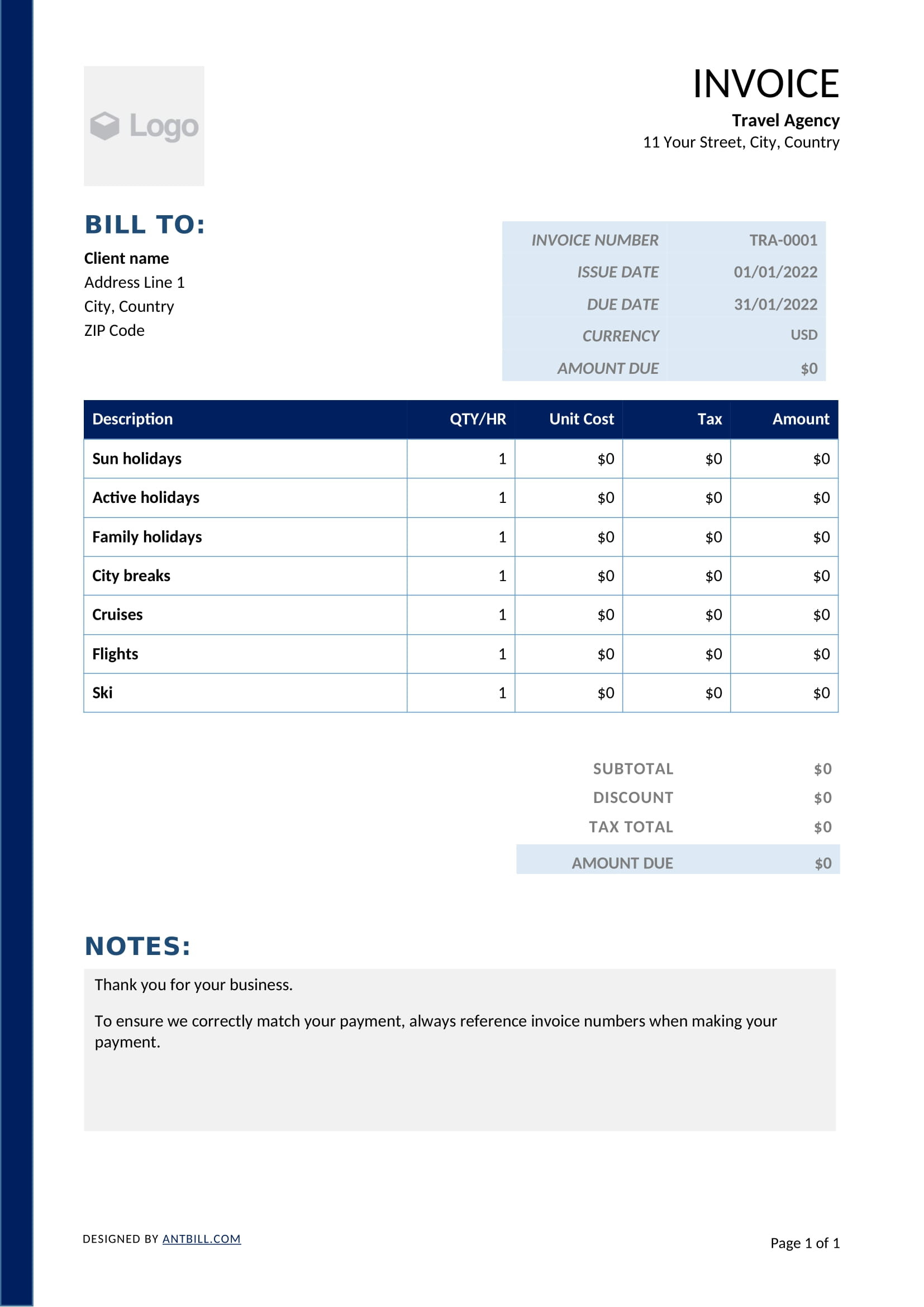 sample travel agency invoice template