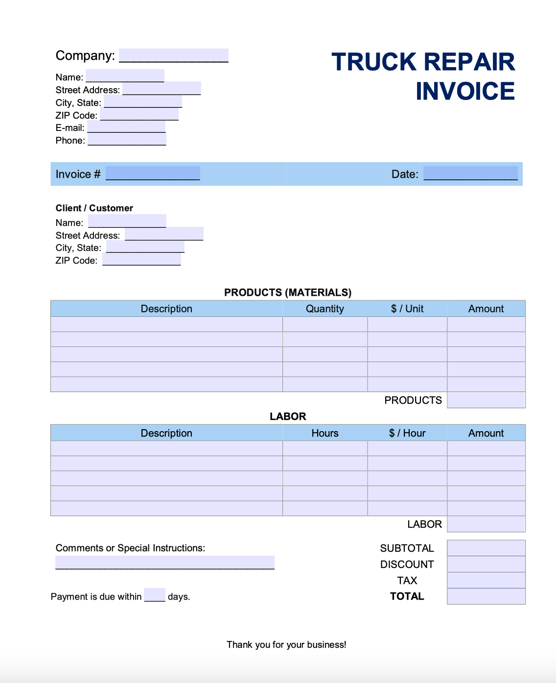 sample truck repair invoice template