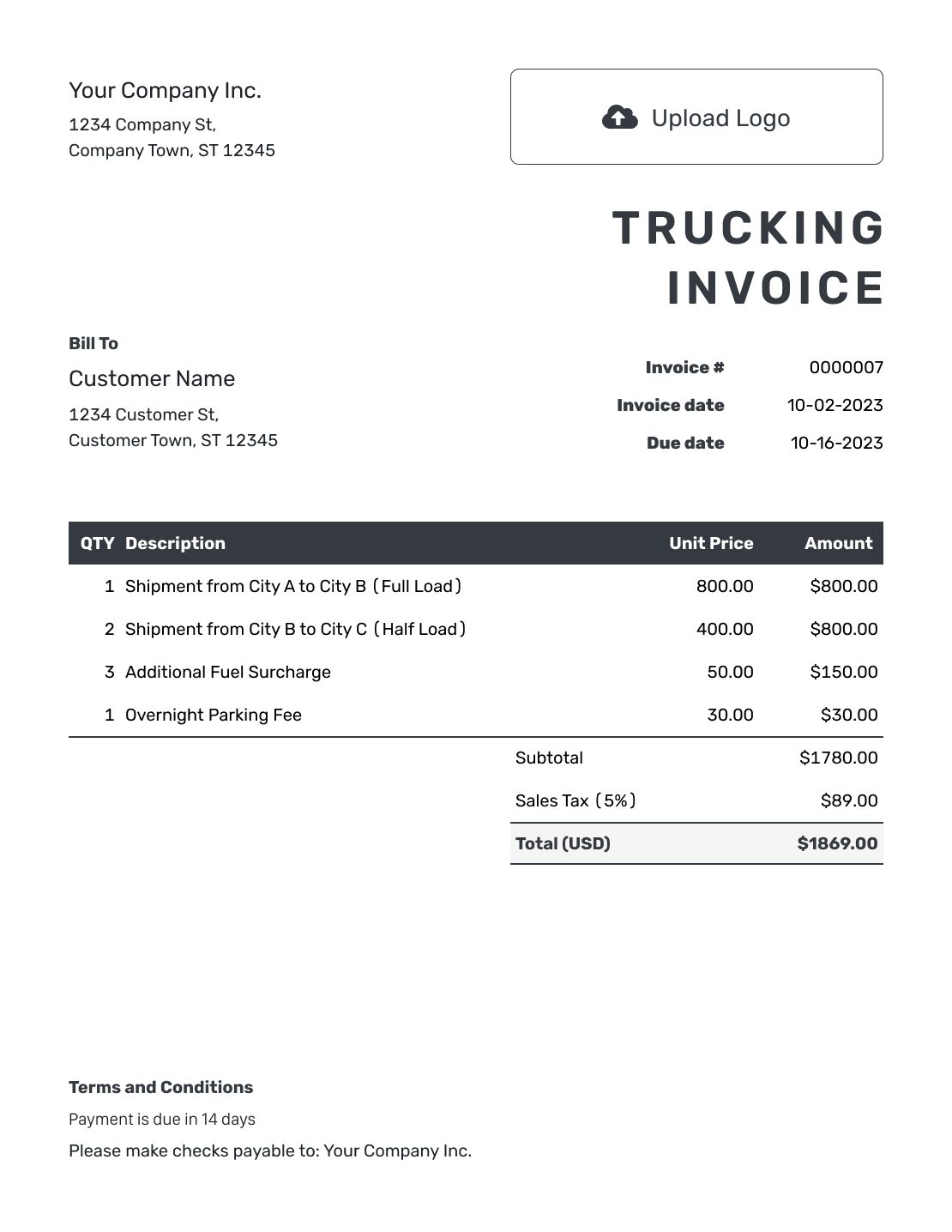 sample truck load invoice template