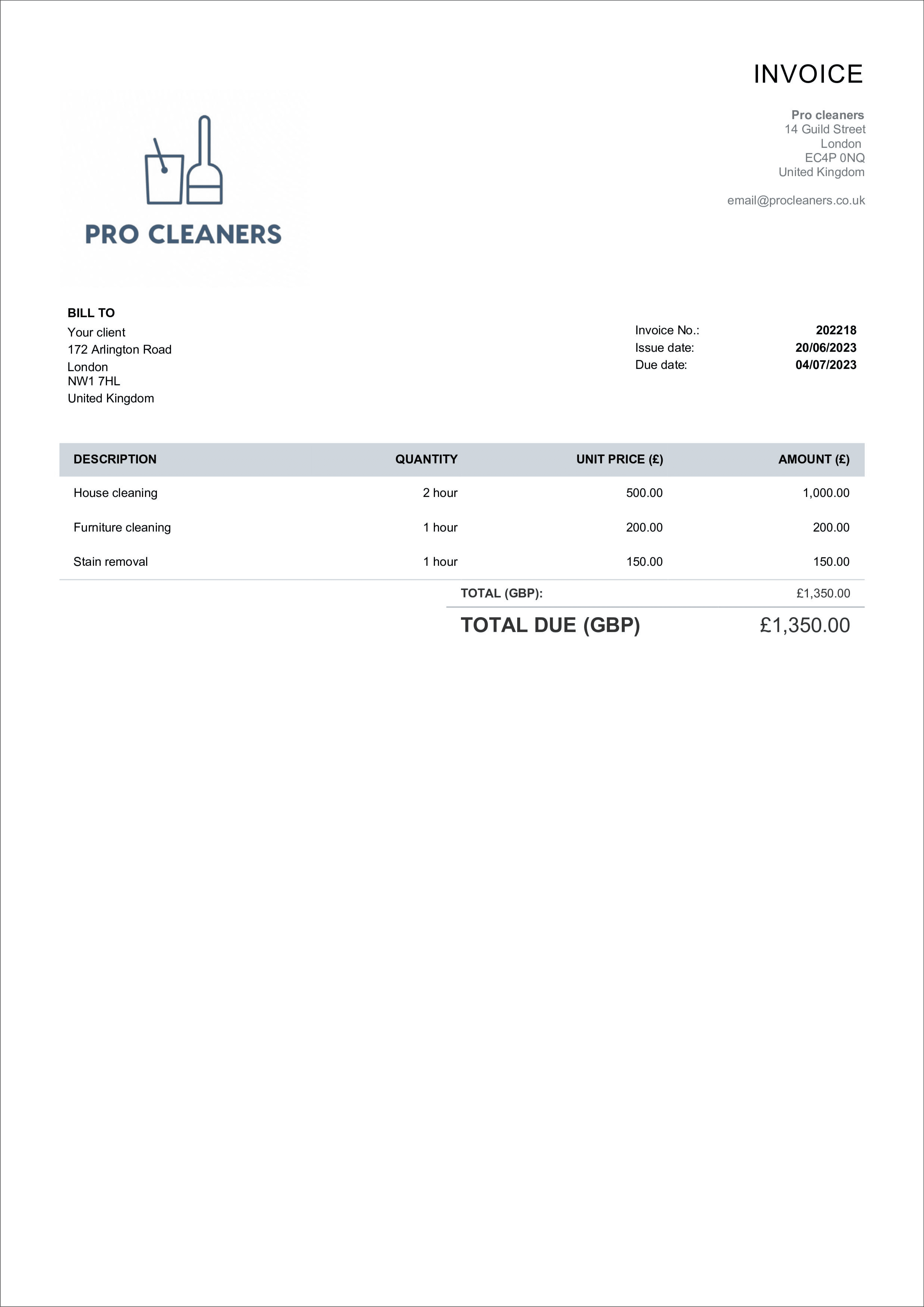 sample cleaning service invoice template