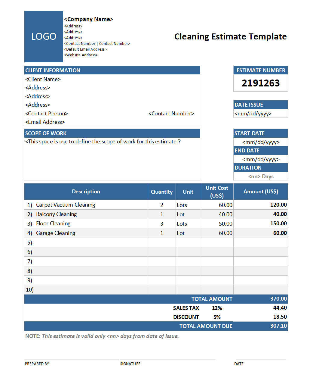 sample construction work estimate template