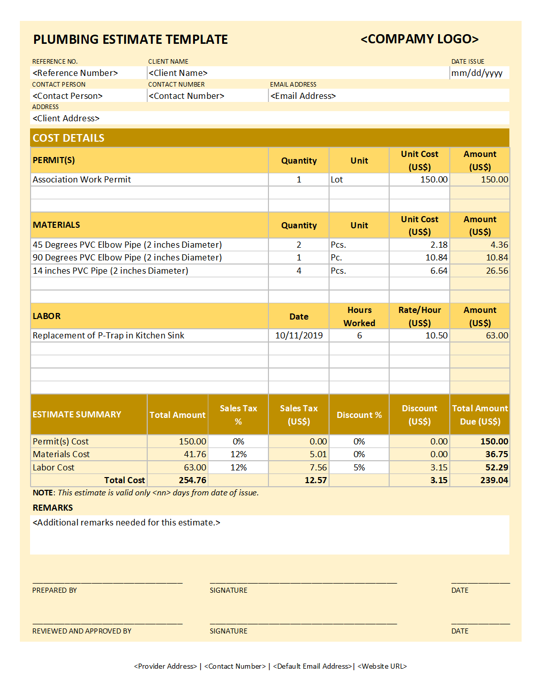 sample work estimate template