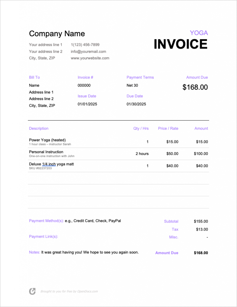 sample yoga invoice template