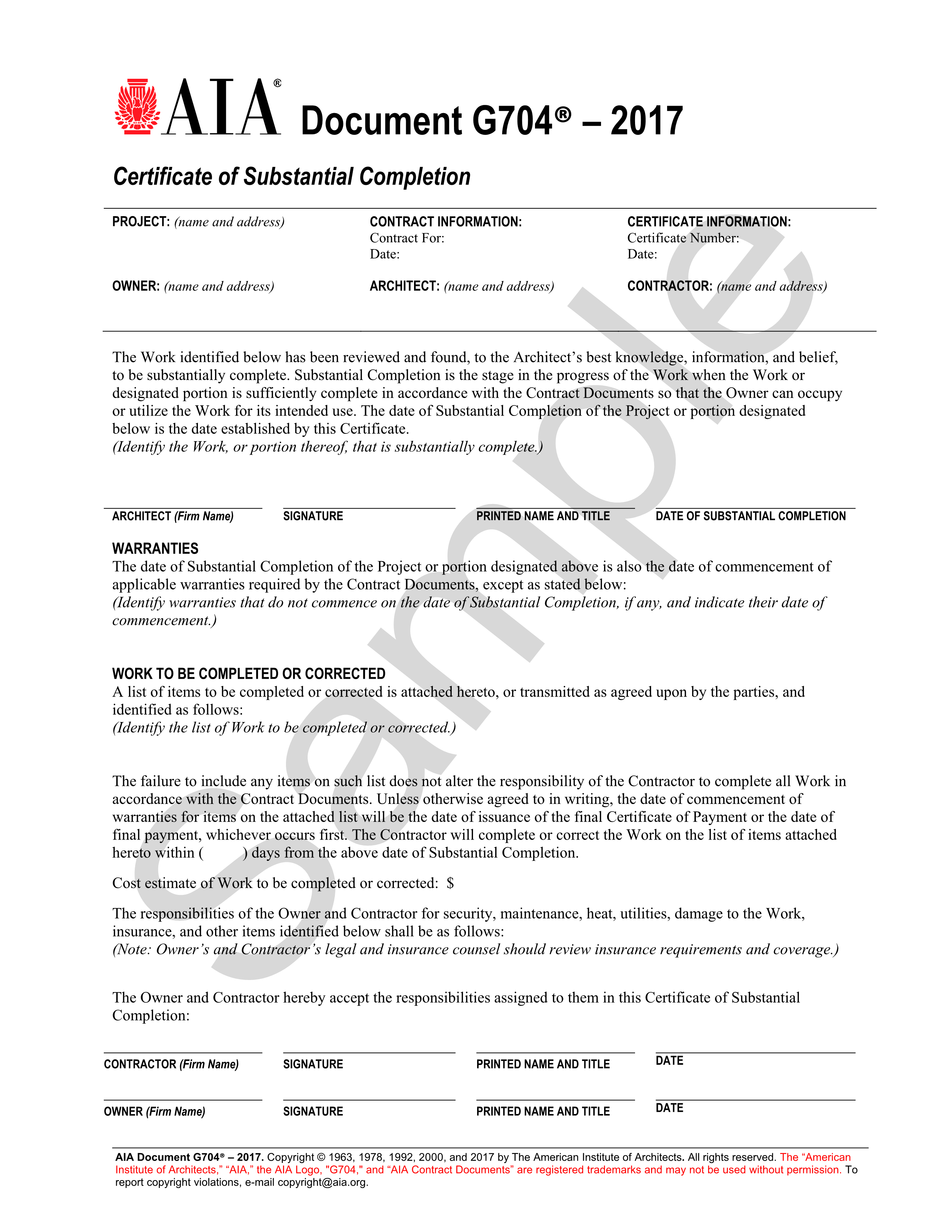 sample substantial completion certificate template