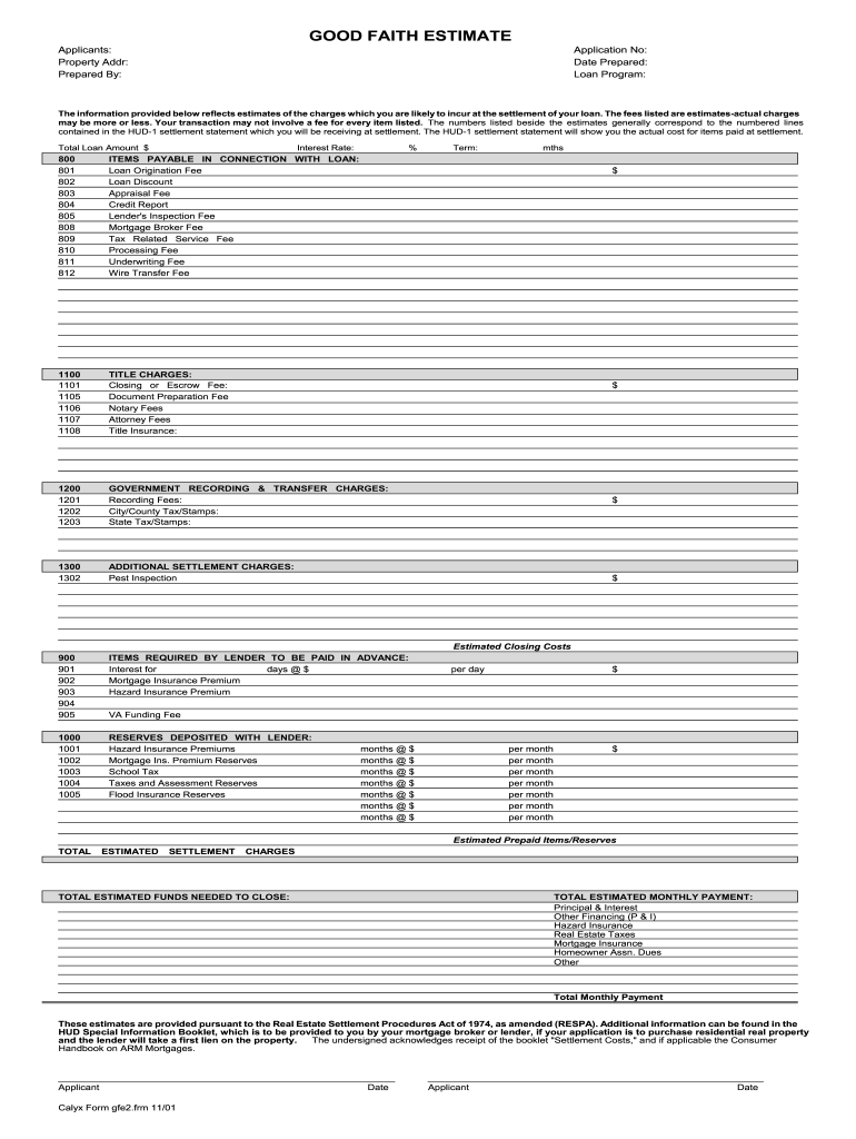 sample good faith estimate template