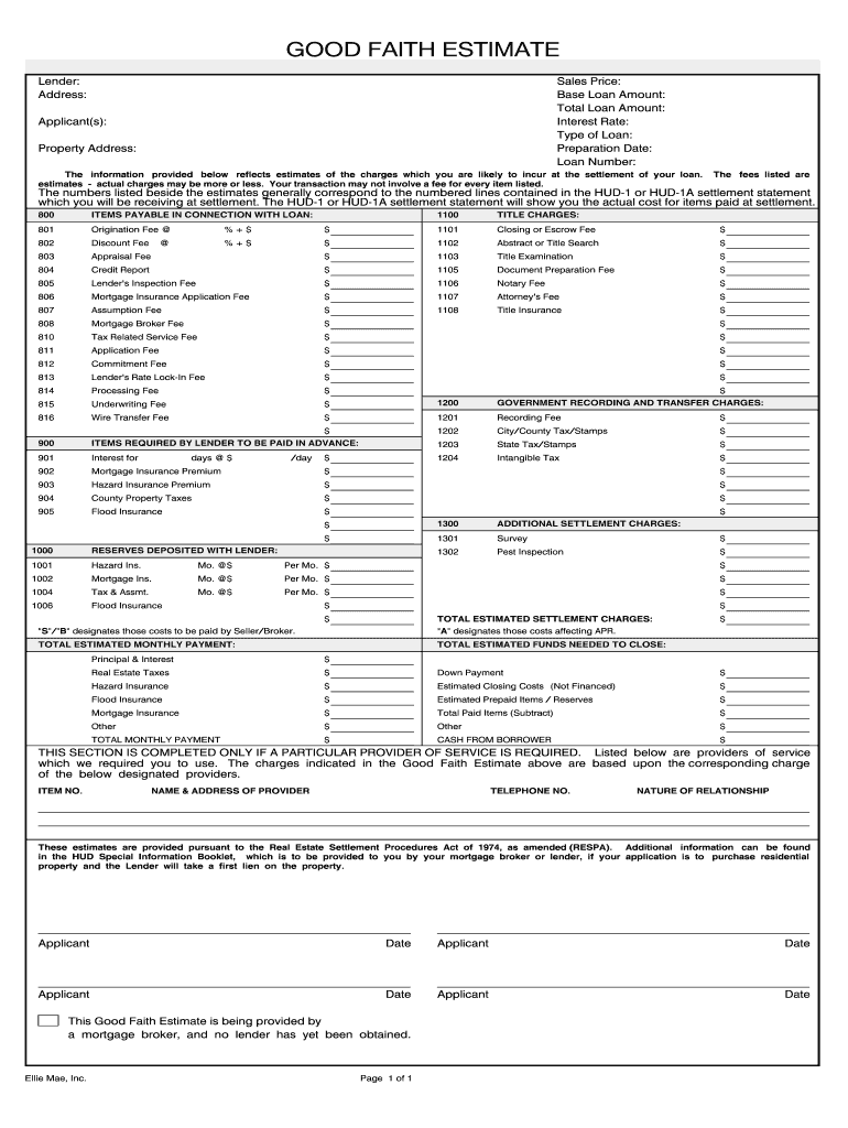 sample good faith estimate template