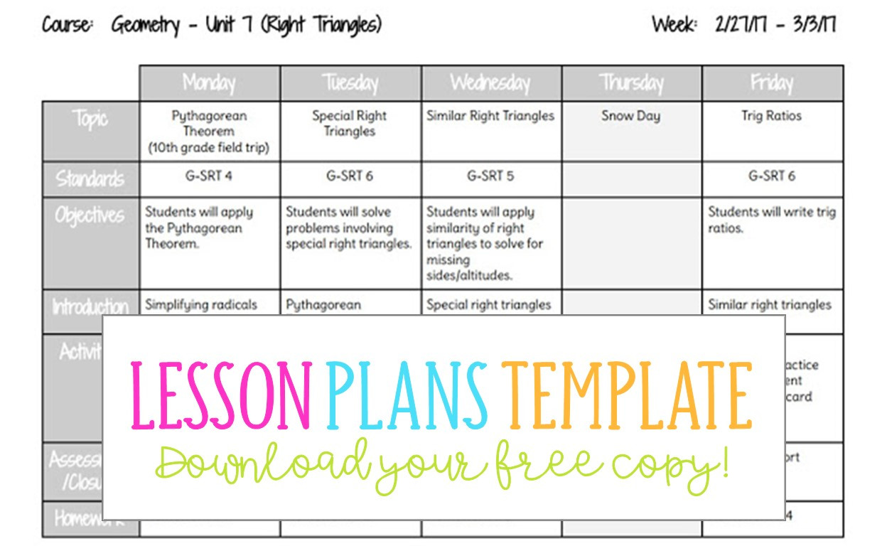 sample teaching weekly planning template