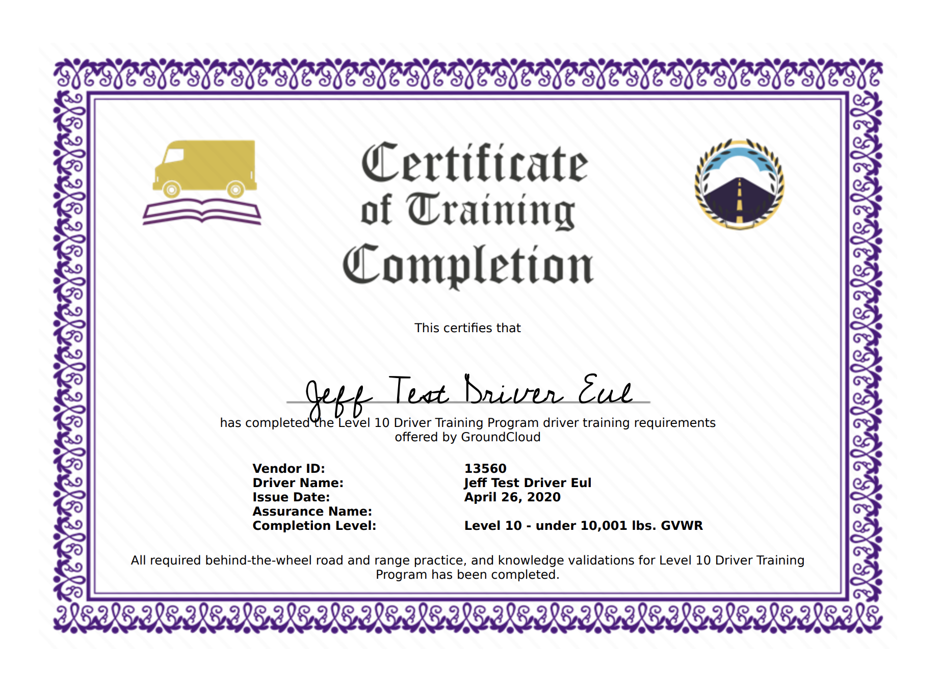 sample driver training completion certificate template