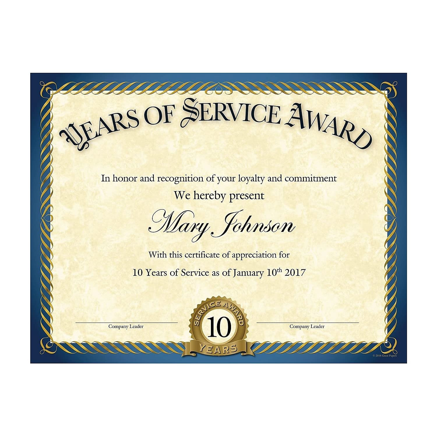 sample Years of Service Certificate template