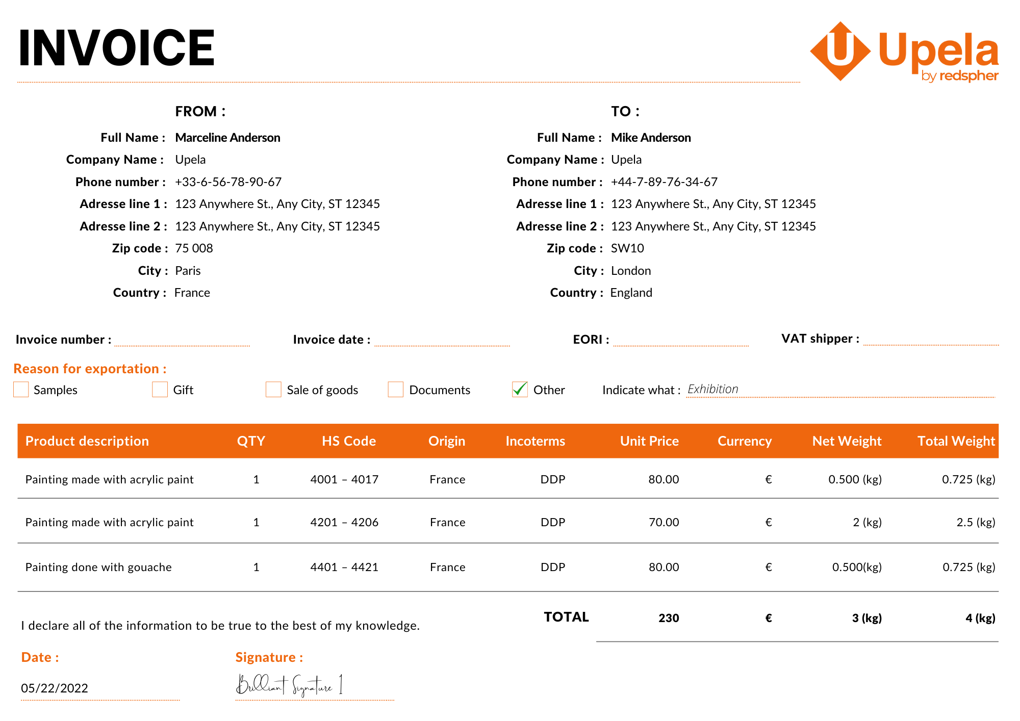 sample international shipping invoice template