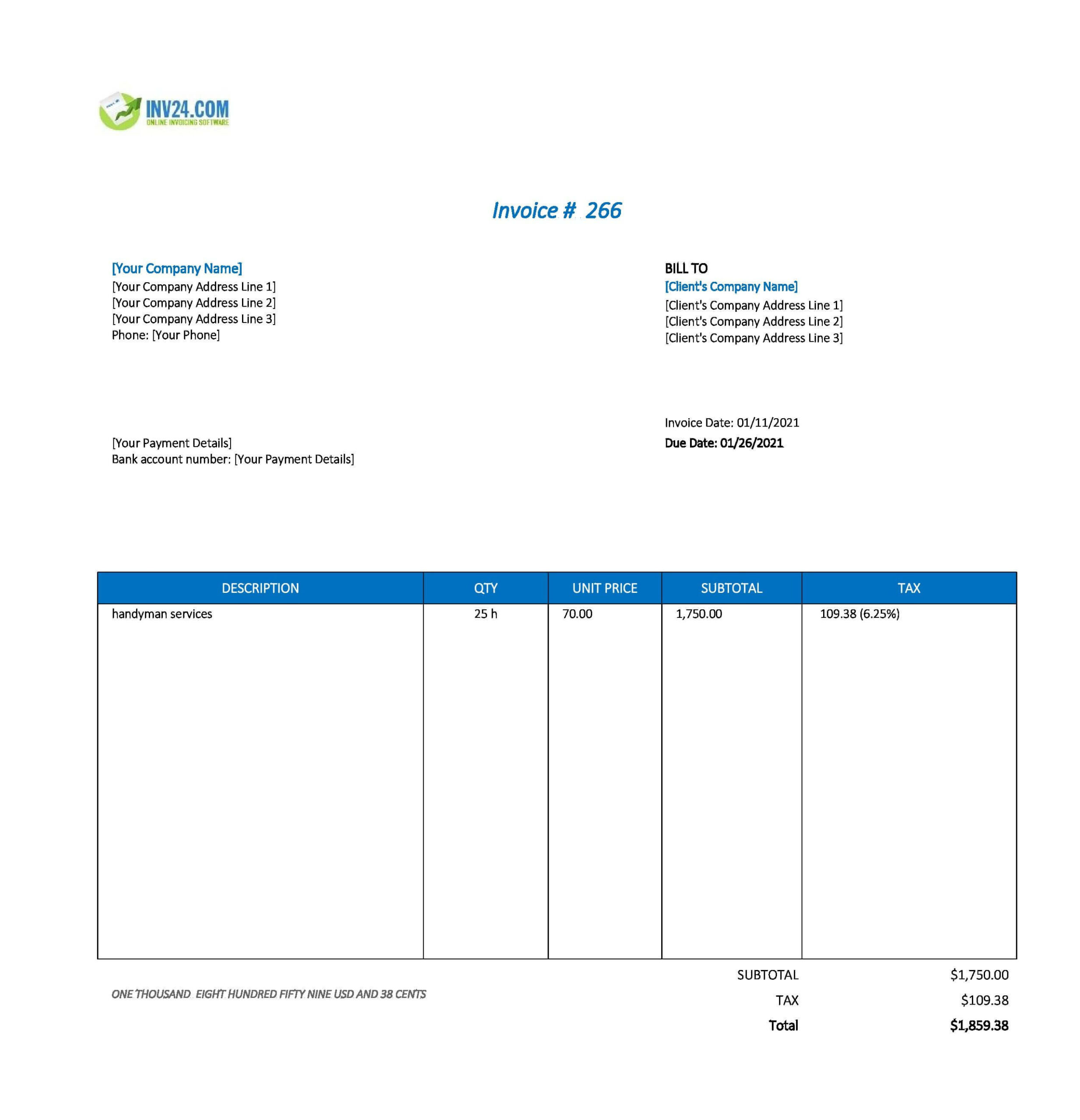 sample handyman service invoice template