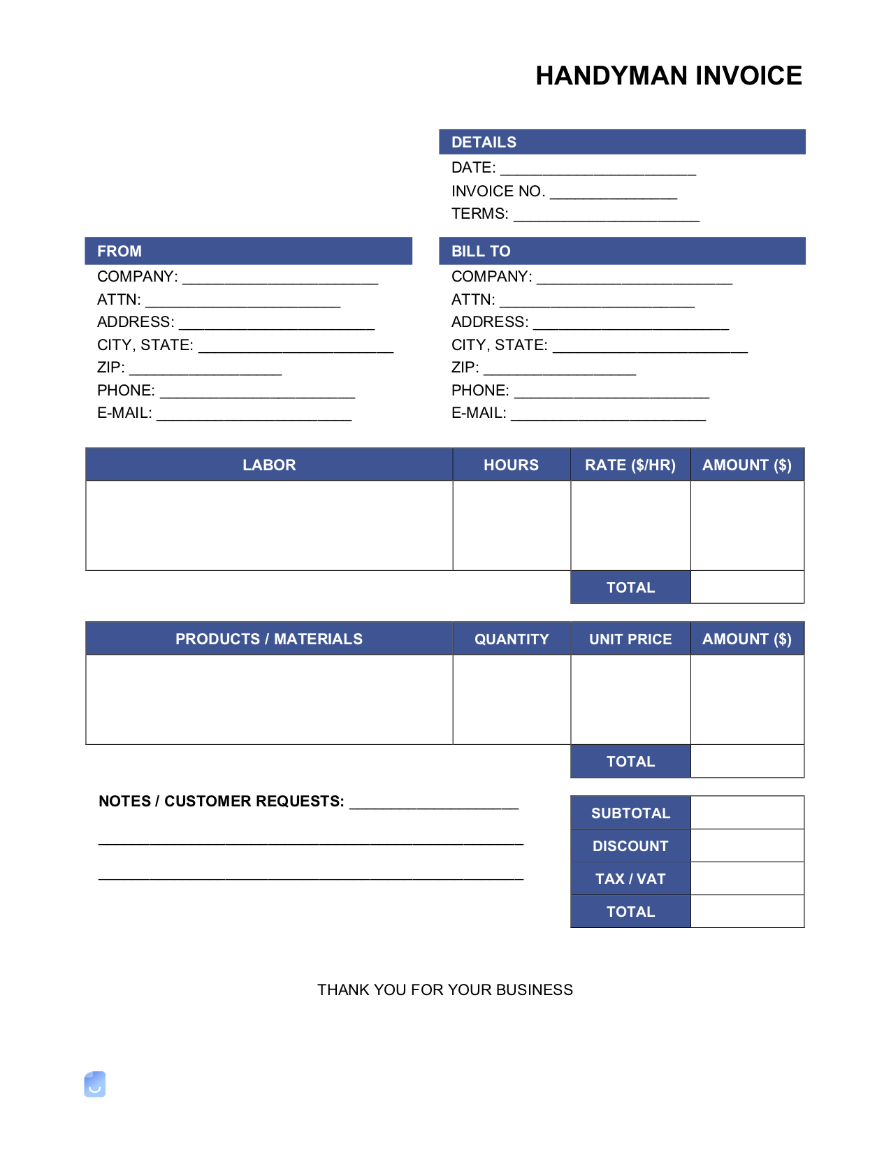 sample handyman service invoice template