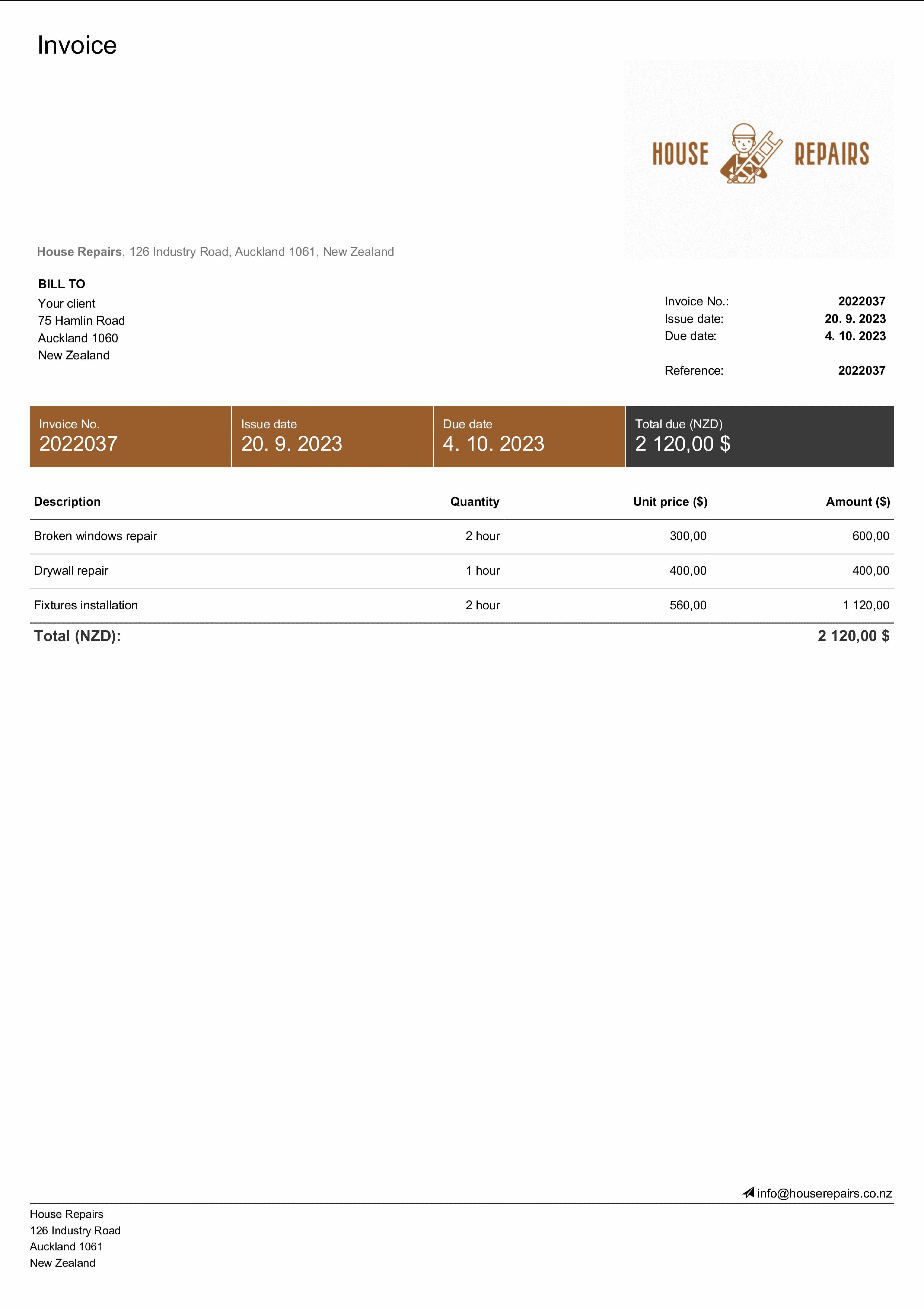 sample handyman service invoice template